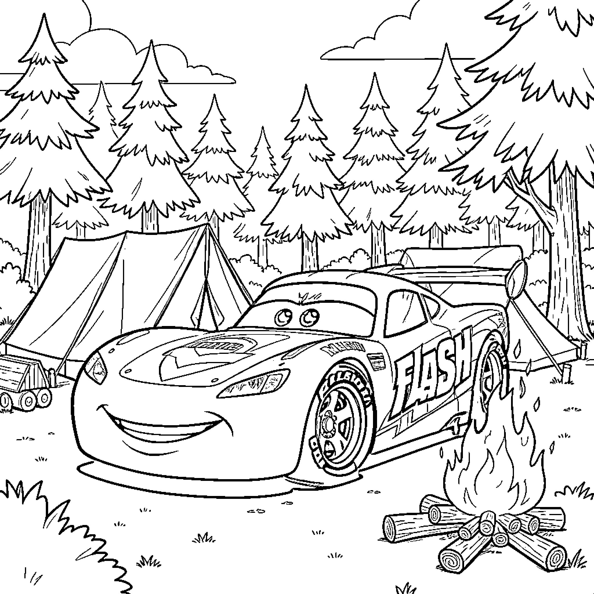 Flash McQueen camping by a cozy forest bonfire Coloring Page (free black-and-white line drawing printable PDF for all, from beginners to advanced learners, including children, teens, adults, and seniors)