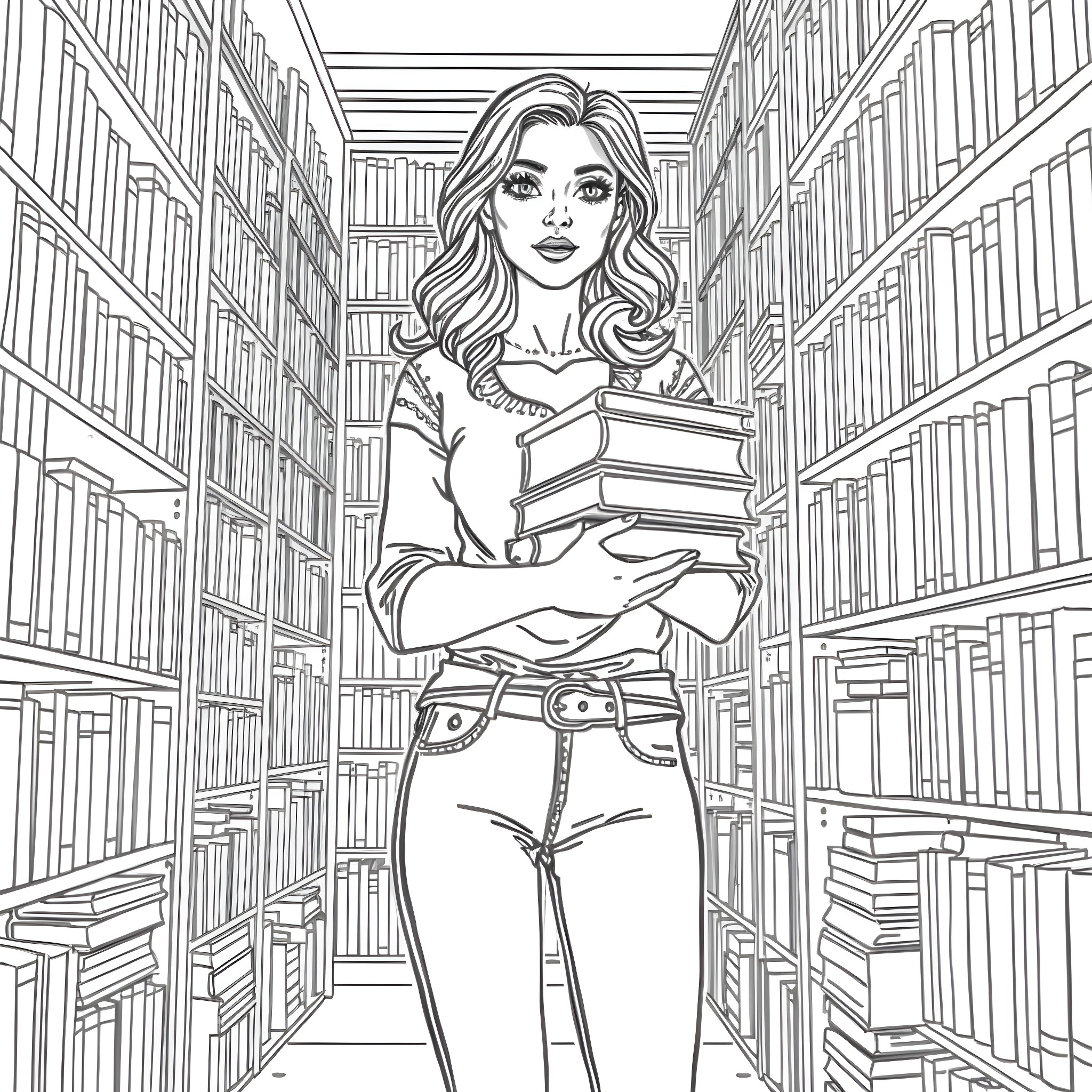 Librarian surrounded by books in the stacks Coloring Page (free black-and-white line drawing printable PDF for all, from beginners to advanced learners, including children, teens, adults, and seniors)