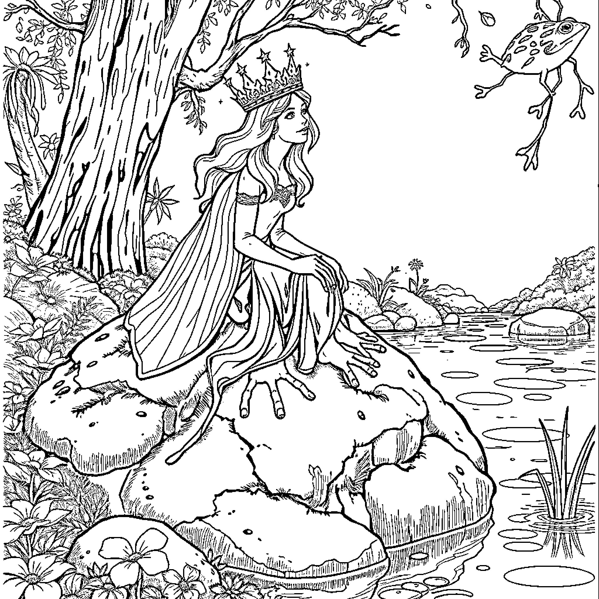 Toad princess amid enchanted forest scenery Coloring Page (free black-and-white line drawing printable PDF for all, from beginners to advanced learners, including children, teens, adults, and seniors)