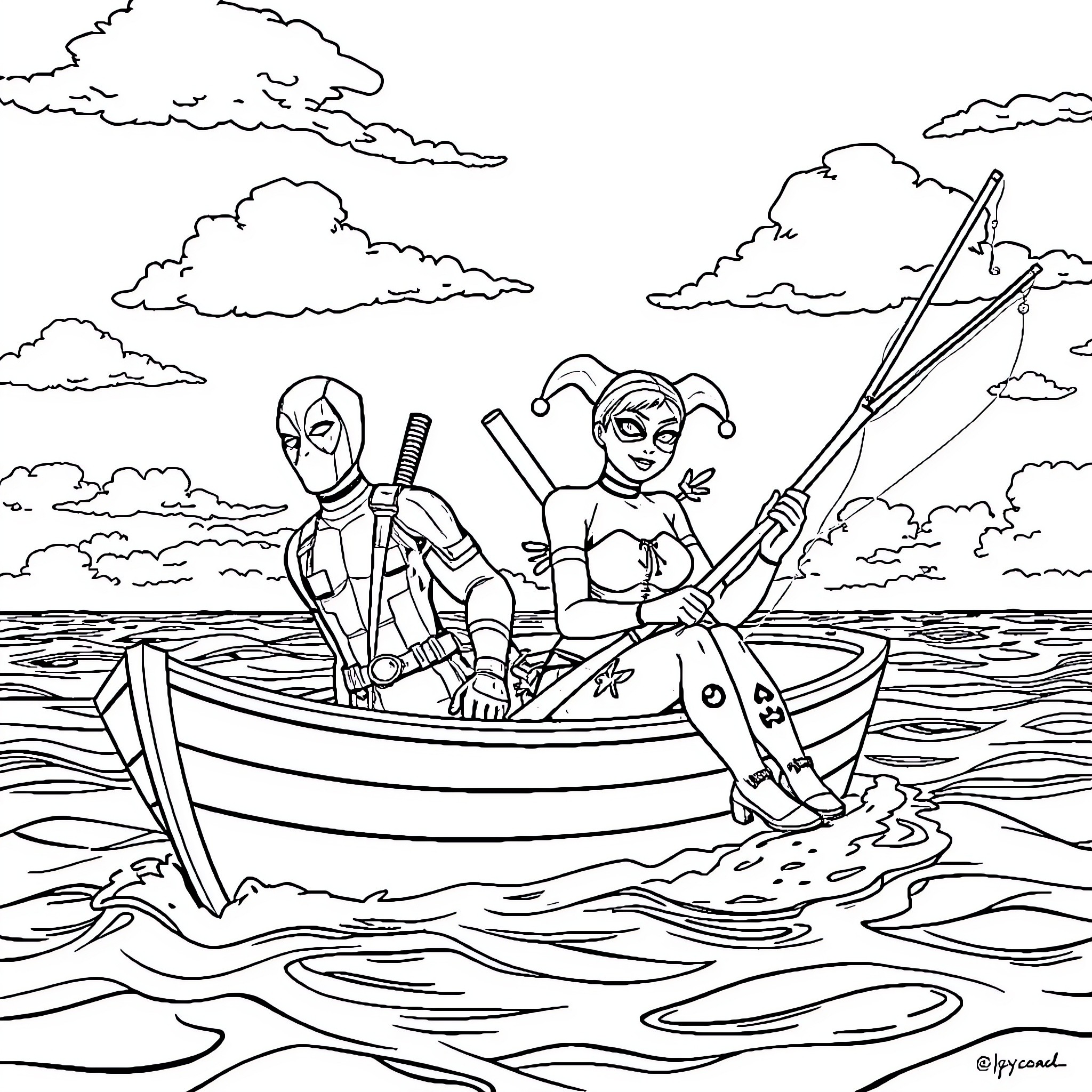 Deadpool and Harley Quinn's Fishing Adventure Coloring Page (free black-and-white line drawing printable PDF for all, from beginners to advanced learners, including children, teens, adults, and seniors)