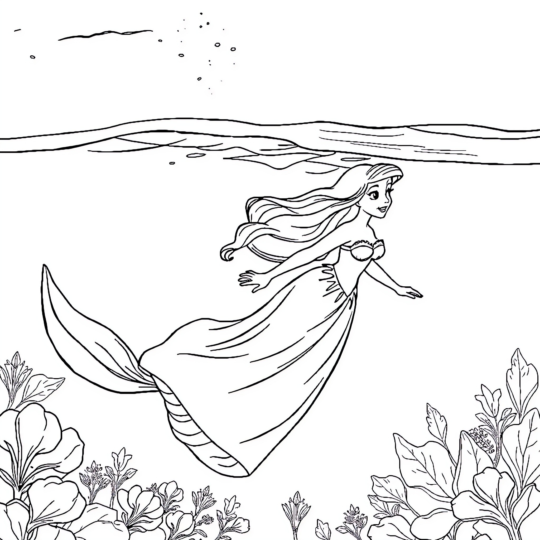 Mermaid swimming gracefully through the underwater garden Coloring Page (free black-and-white line drawing printable PDF for all, from beginners to advanced learners, including children, teens, adults, and seniors)