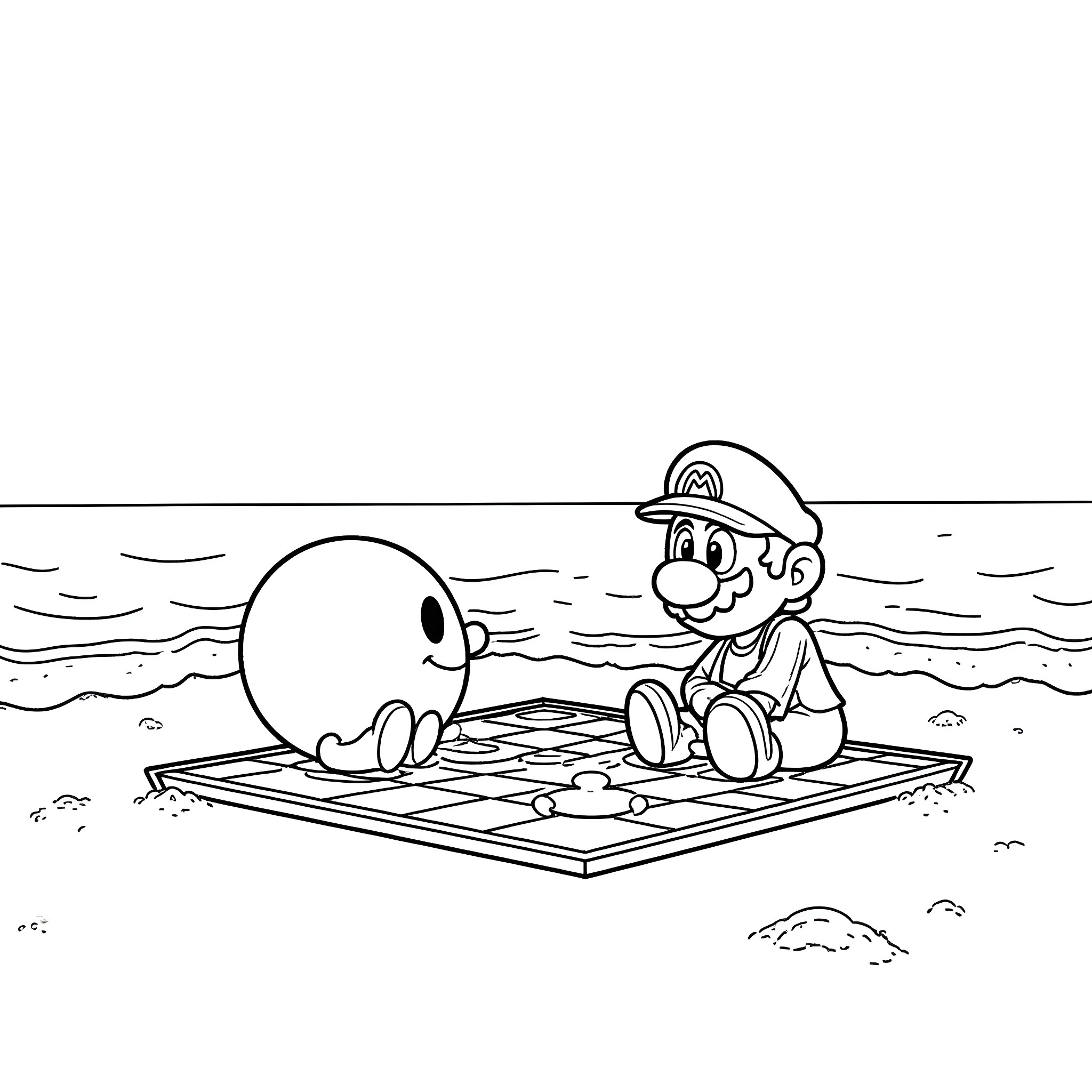 Pac-Man enjoying an adventure on a floating raft Coloring Page (free black-and-white line drawing printable PDF for all, from beginners to advanced learners, including children, teens, adults, and seniors)