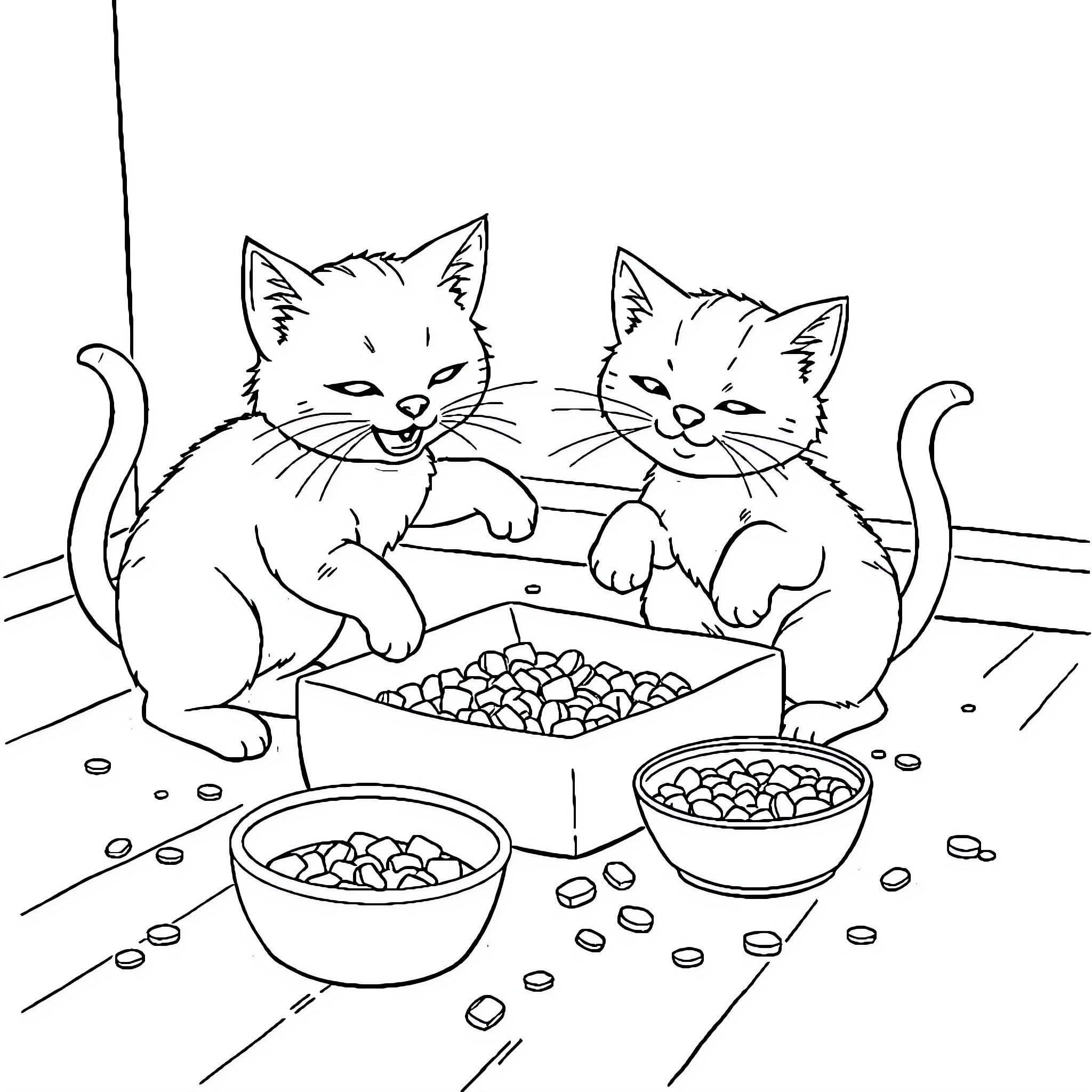 Cats enjoying a tasty meal together Coloring Page (free black-and-white line drawing printable PDF for all, from beginners to advanced learners, including children, teens, adults, and seniors)
