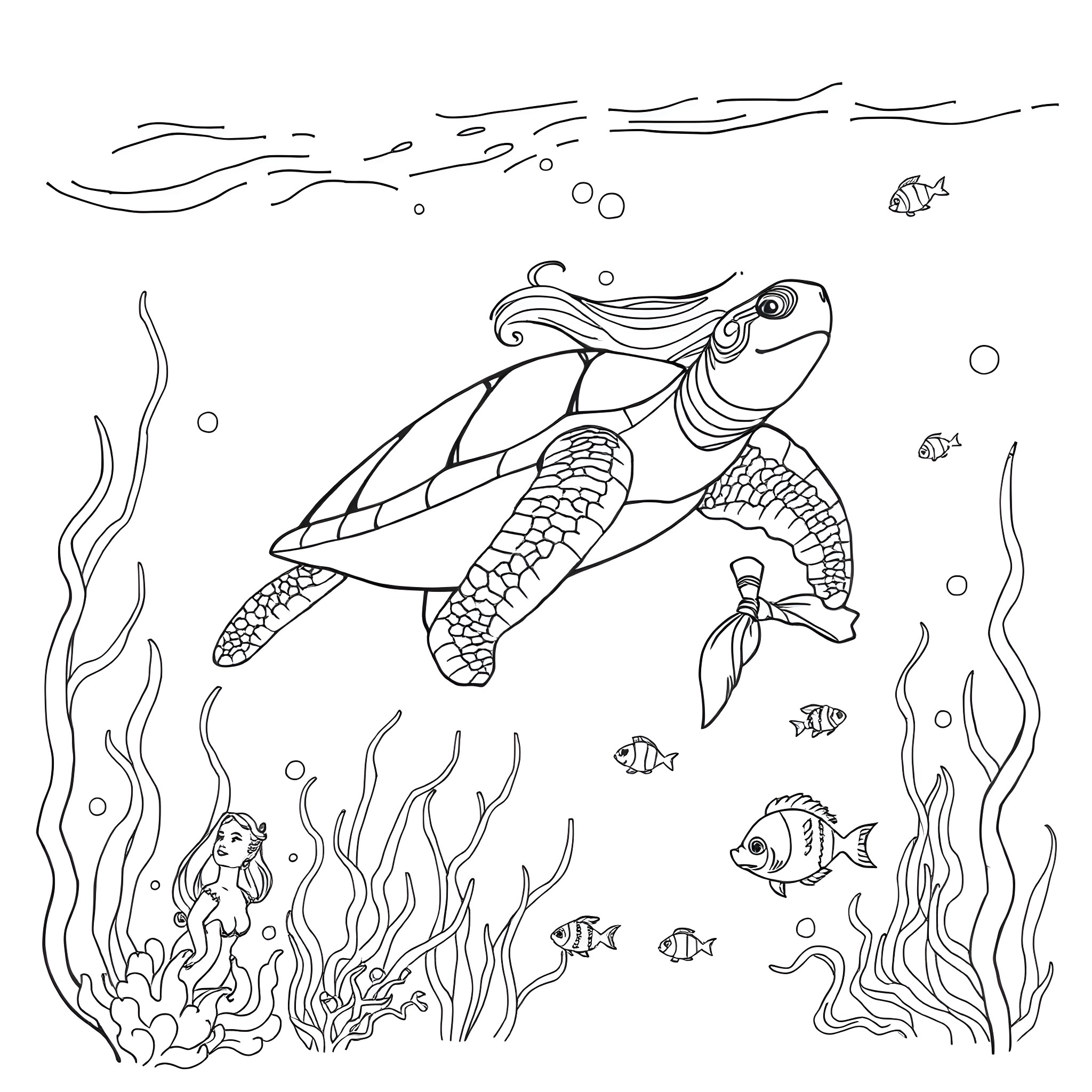 Sea Turtle swimming with marine life Coloring Page (free black-and-white line drawing printable PDF for all, from beginners to advanced learners, including children, teens, adults, and seniors)