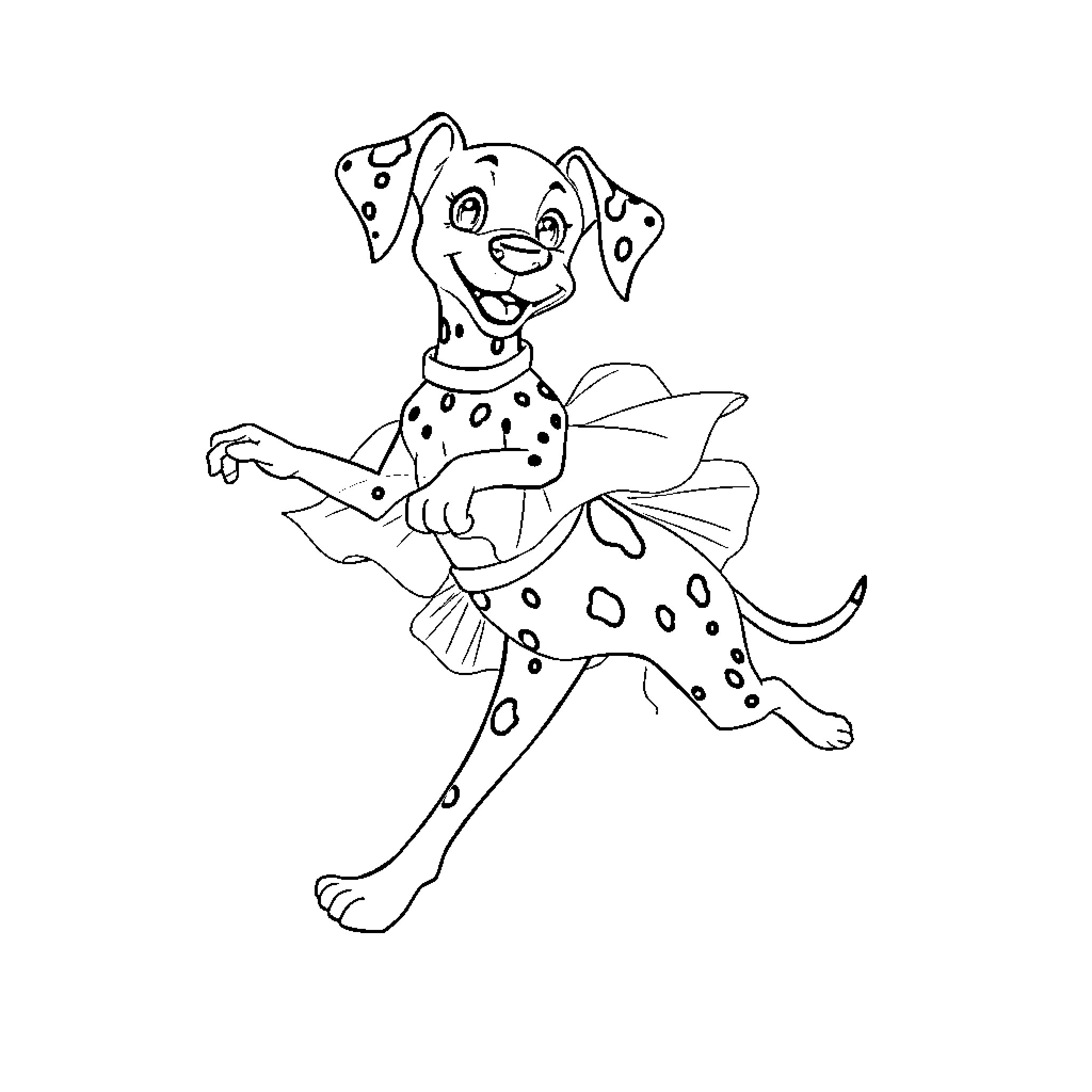 Dalmatian dancing in a polka dot outfit Coloring Page (free black-and-white line drawing printable PDF for all, from beginners to advanced learners, including children, teens, adults, and seniors)