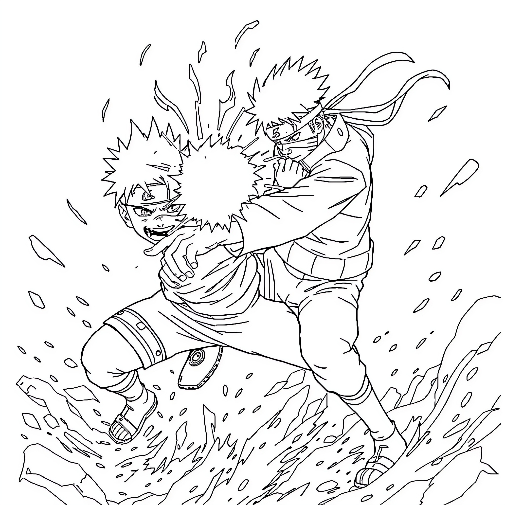 Naruto characters engaged in intense combat Coloring Page (free black-and-white line drawing printable PDF for all, from beginners to advanced learners, including children, teens, adults, and seniors)