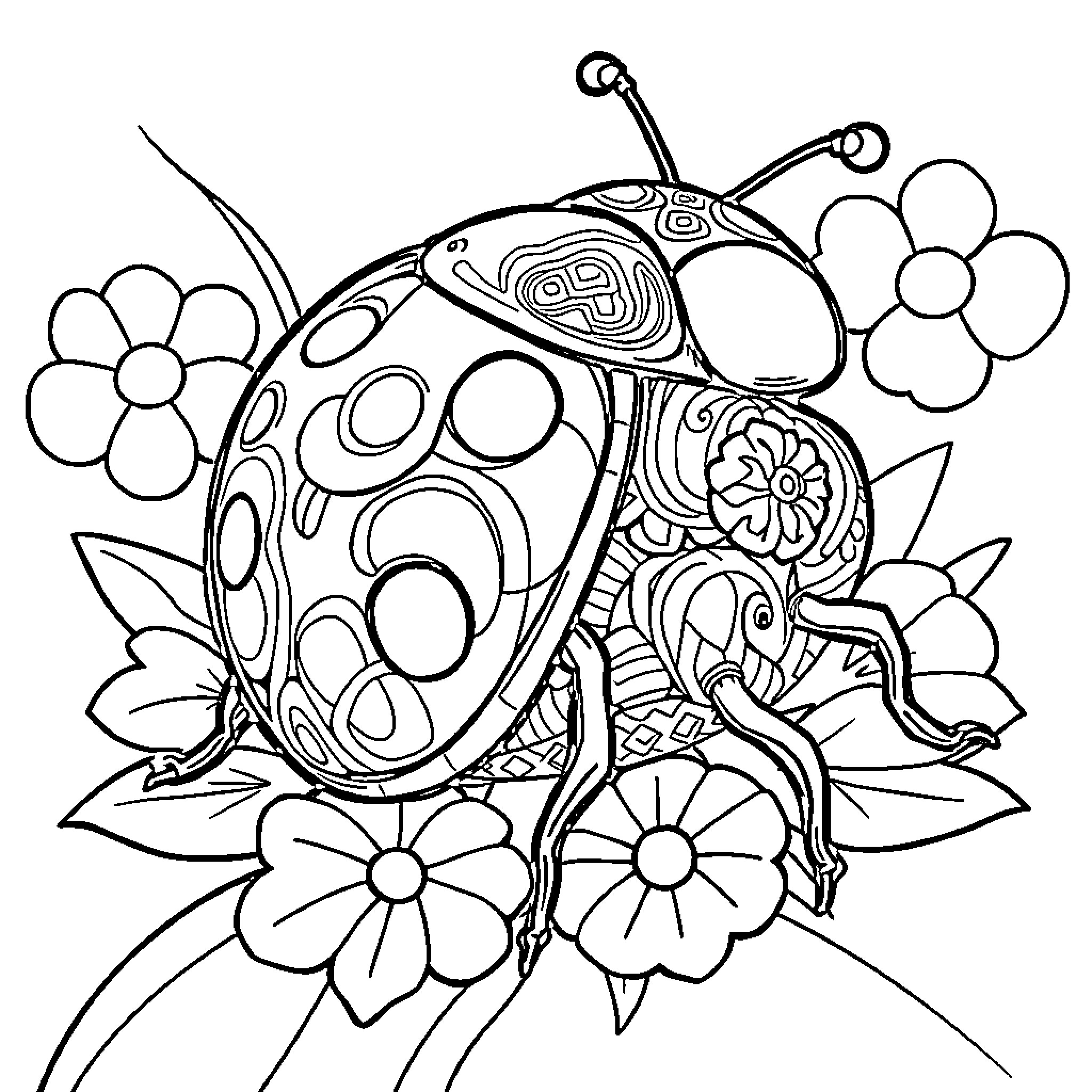 Ladybug exploring decorative floral environment Coloring Page (free black-and-white line drawing printable PDF for all, from beginners to advanced learners, including children, teens, adults, and seniors)