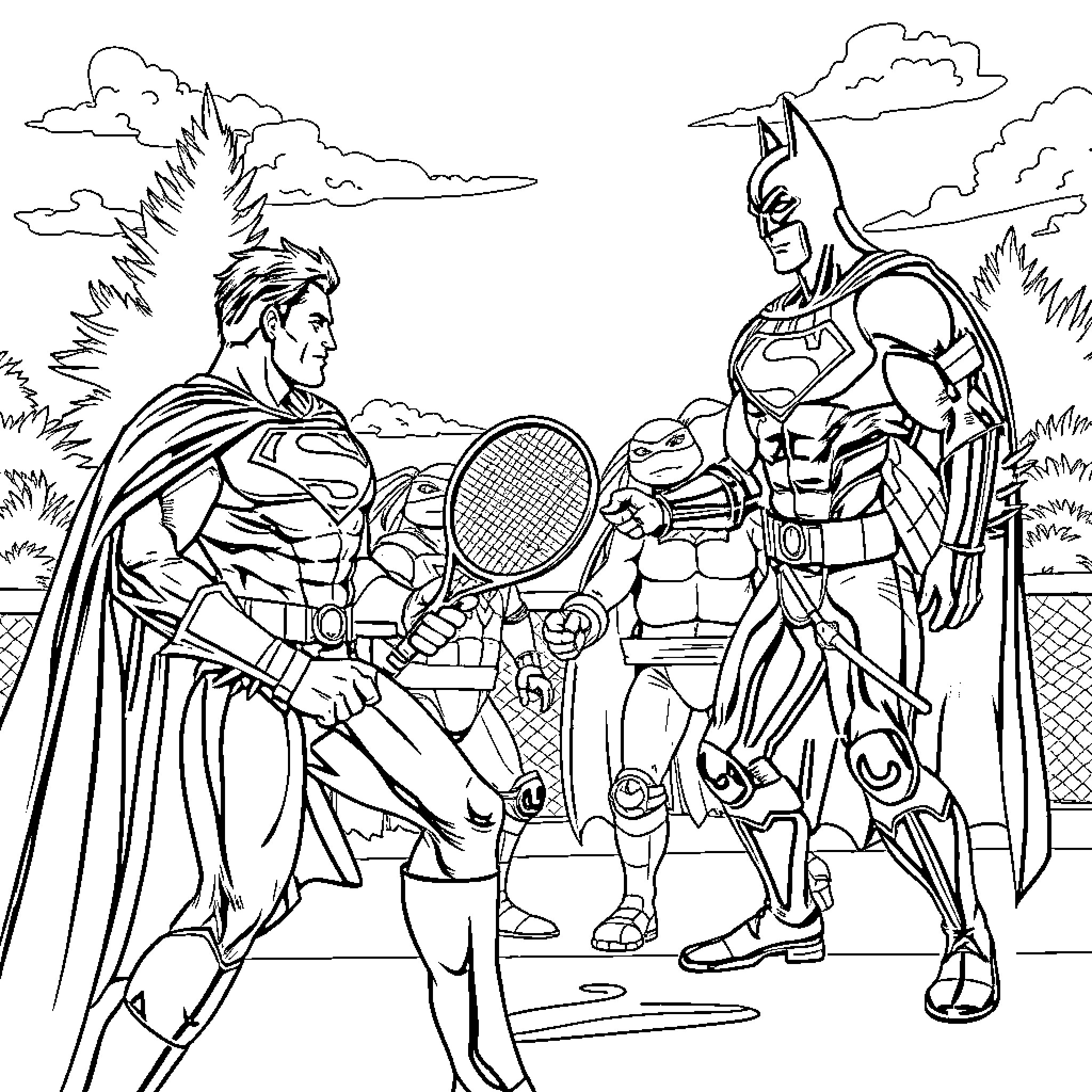 Superheroes Engage in Tennis Match Showdown Coloring Page (free black-and-white line drawing printable PDF for all, from beginners to advanced learners, including children, teens, adults, and seniors)