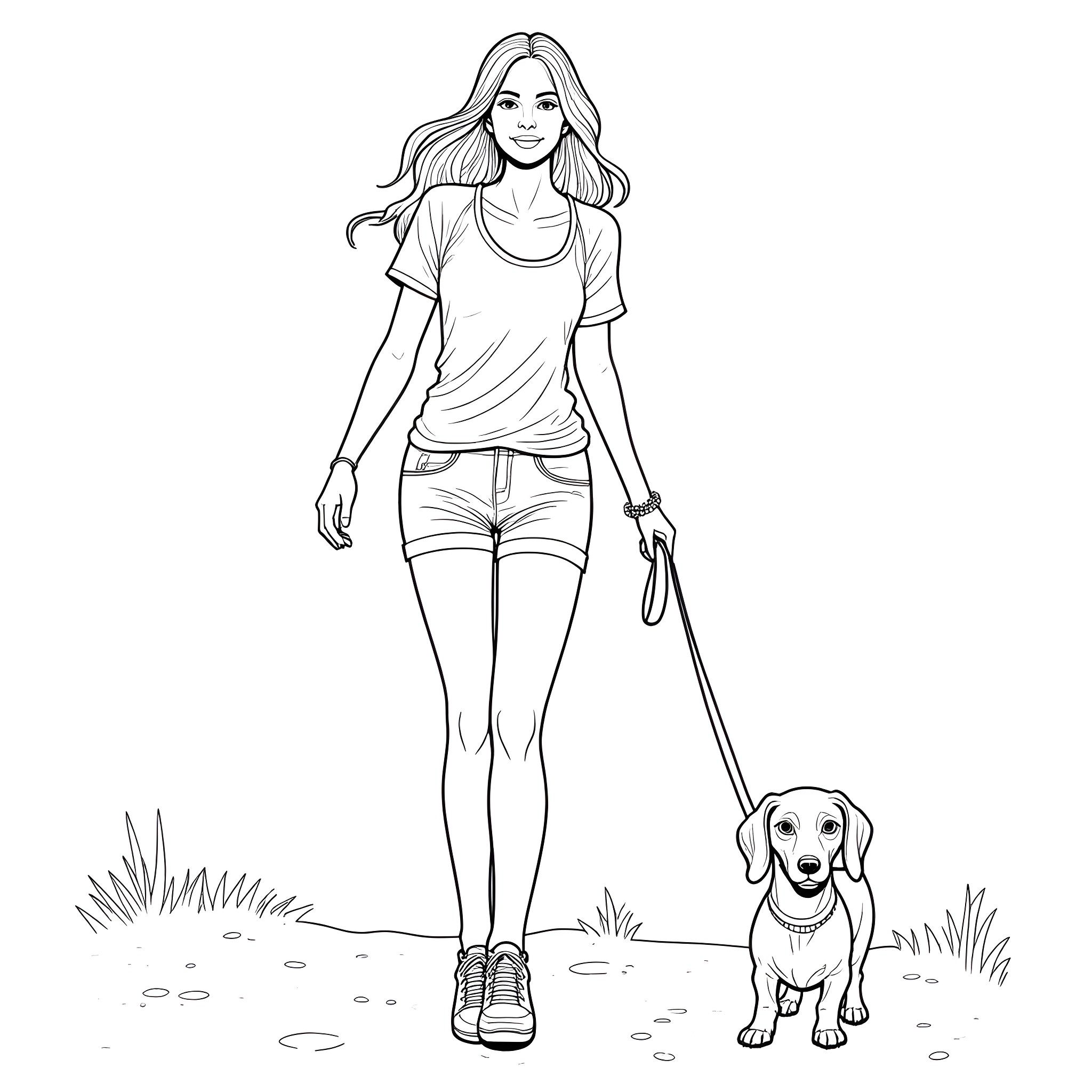 Woman walking her happy dog in the park Coloring Page (free black-and-white line drawing printable PDF for all, from beginners to advanced learners, including children, teens, adults, and seniors)
