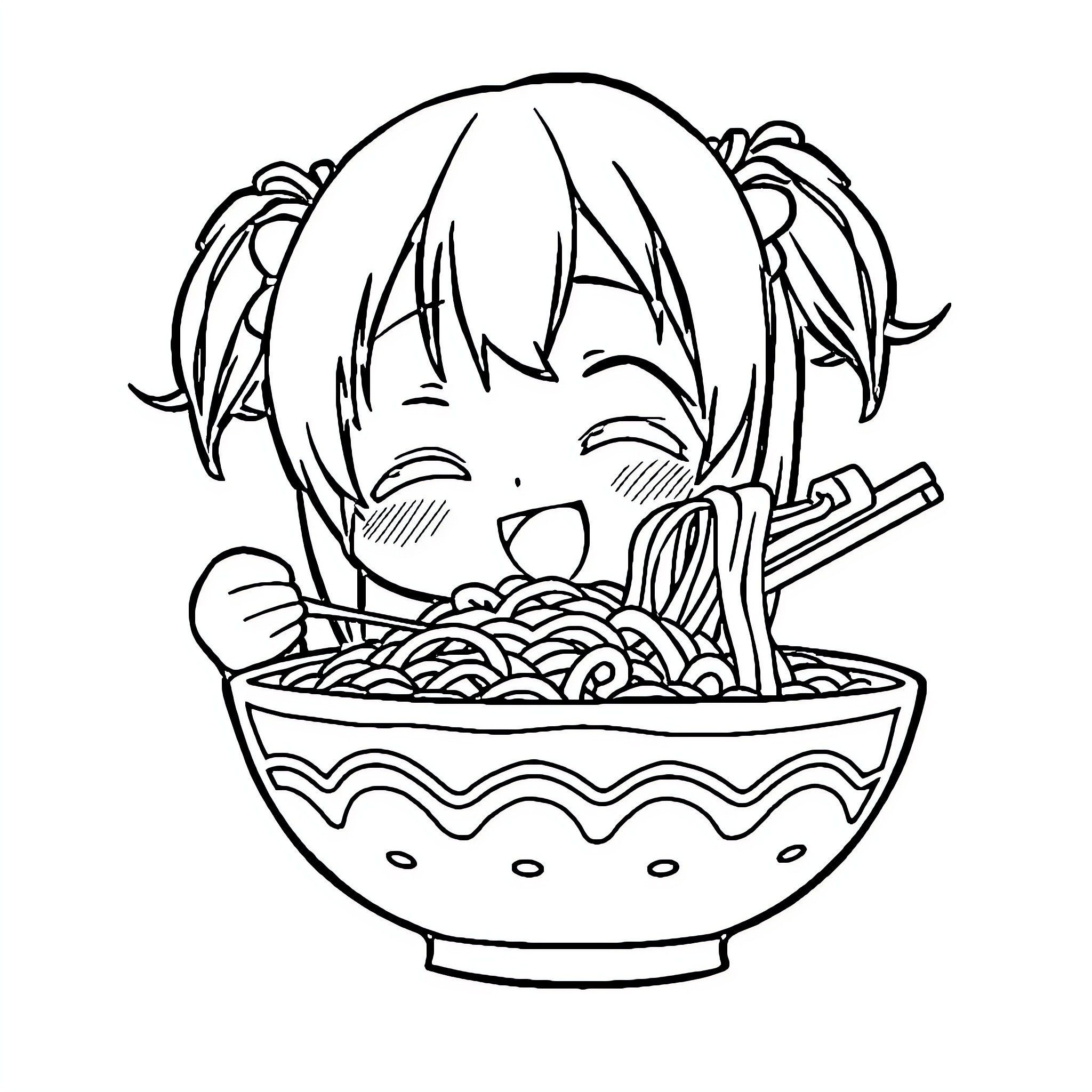 Nesuko enjoying a hearty bowl of noodles Coloring Page (free black-and-white line drawing printable PDF for all, from beginners to advanced learners, including children, teens, adults, and seniors)