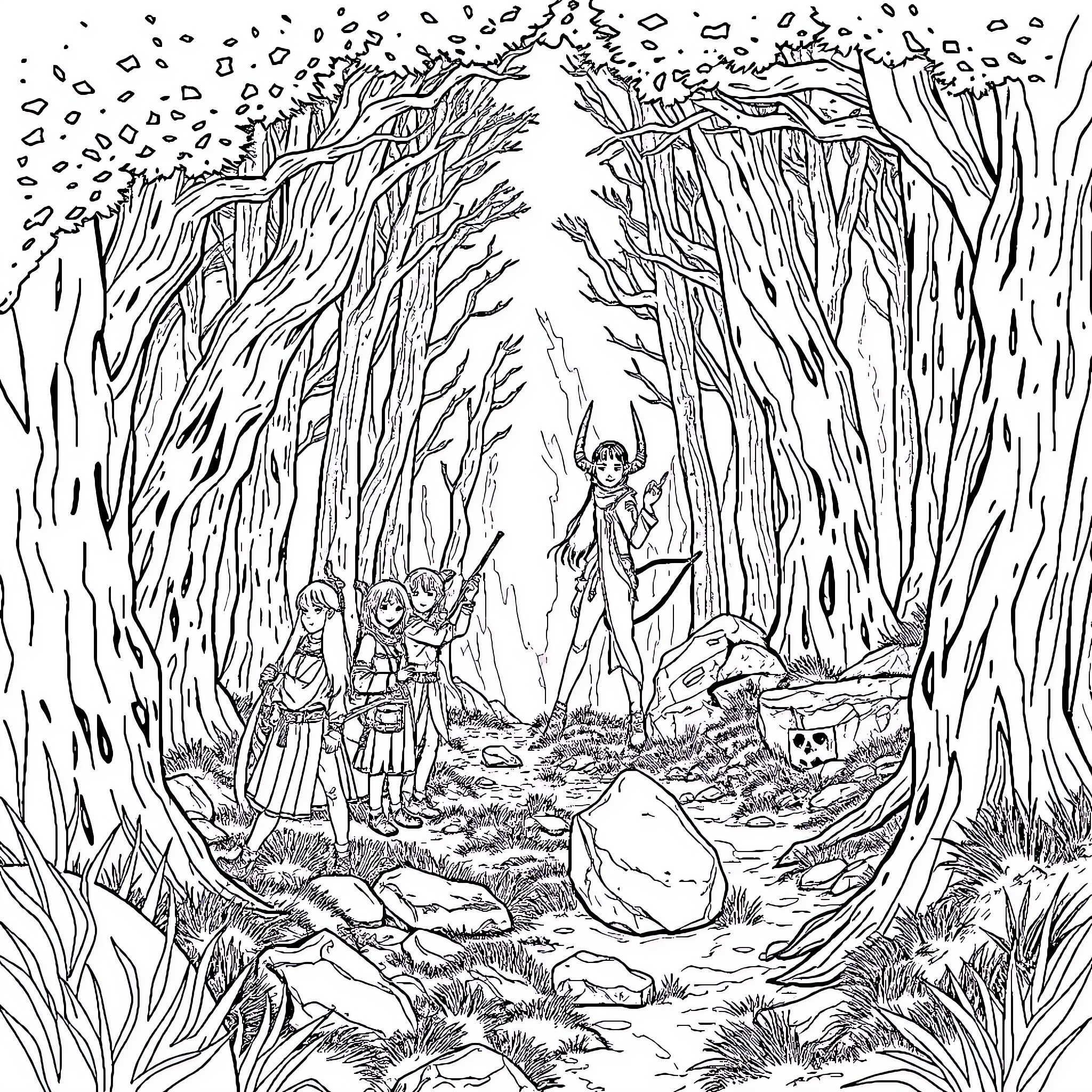 Demon Hunter Leads Party Through Mysterious Forest Coloring Page (free black-and-white line drawing printable PDF for all, from beginners to advanced learners, including children, teens, adults, and seniors)