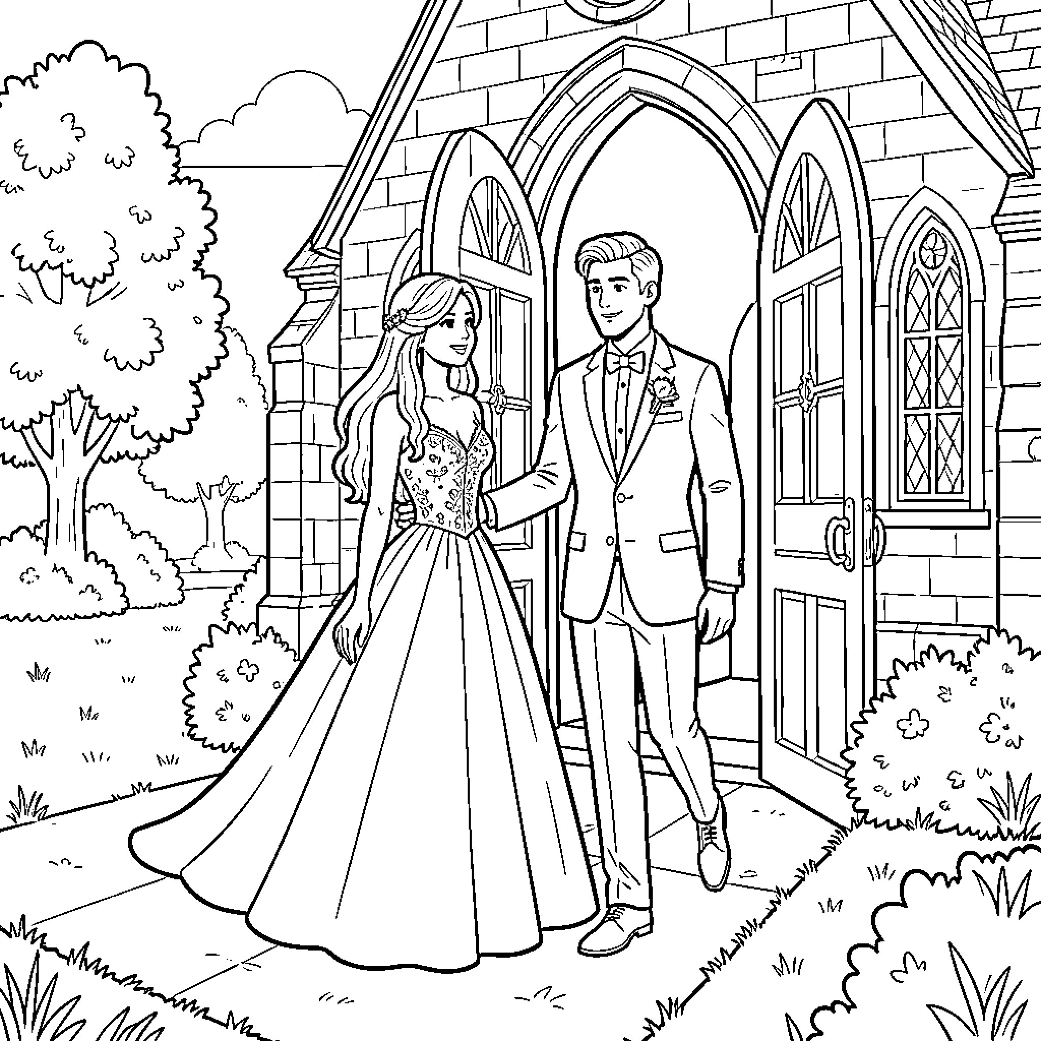 Señorita's Enchanted Church Wedding Coloring Page (free black-and-white line drawing printable PDF for all, from beginners to advanced learners, including children, teens, adults, and seniors)