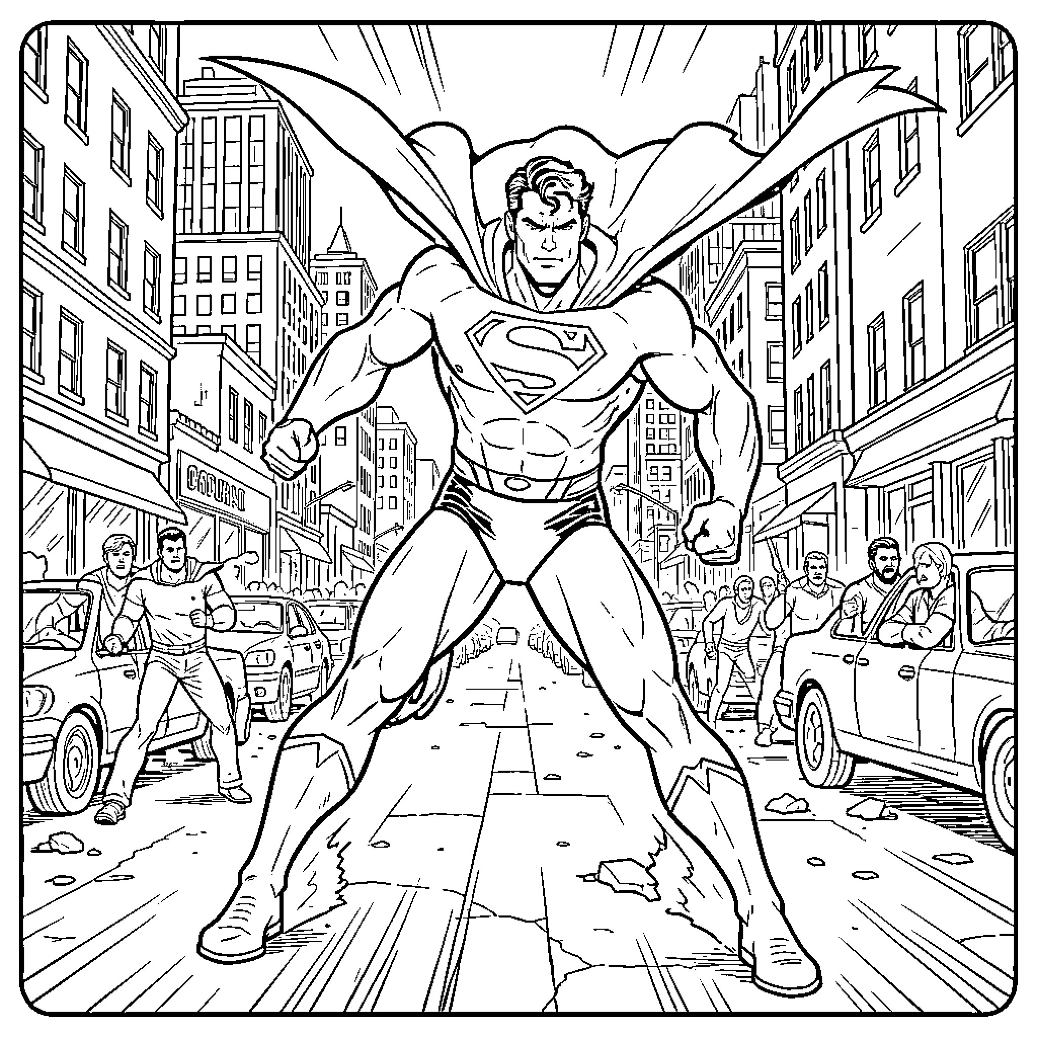Superman standing heroically in a city street Coloring Page (free black-and-white line drawing printable PDF for all, from beginners to advanced learners, including children, teens, adults, and seniors)