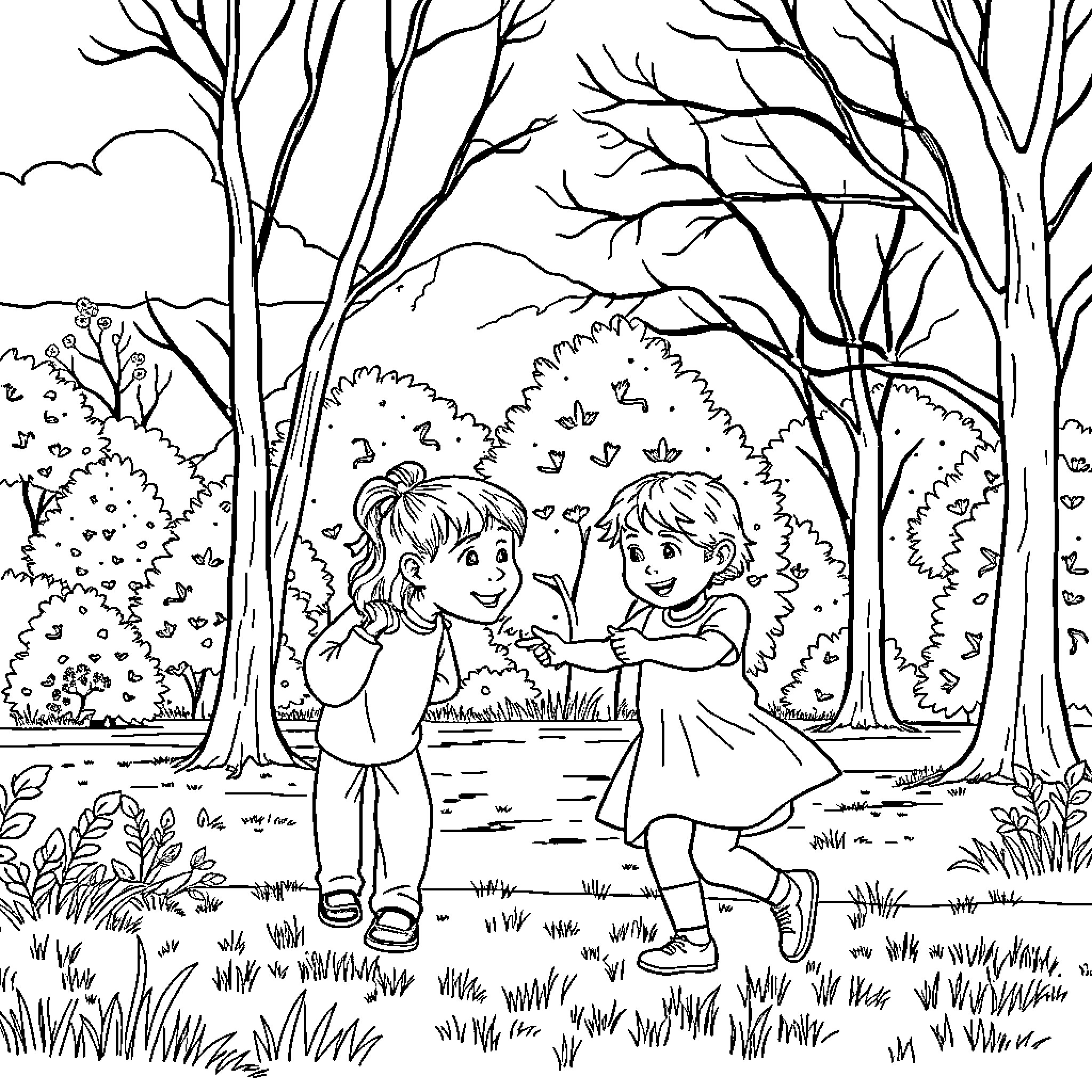 Dad and kids playing in the forest Coloring Page (free black-and-white line drawing printable PDF for all, from beginners to advanced learners, including children, teens, adults, and seniors)