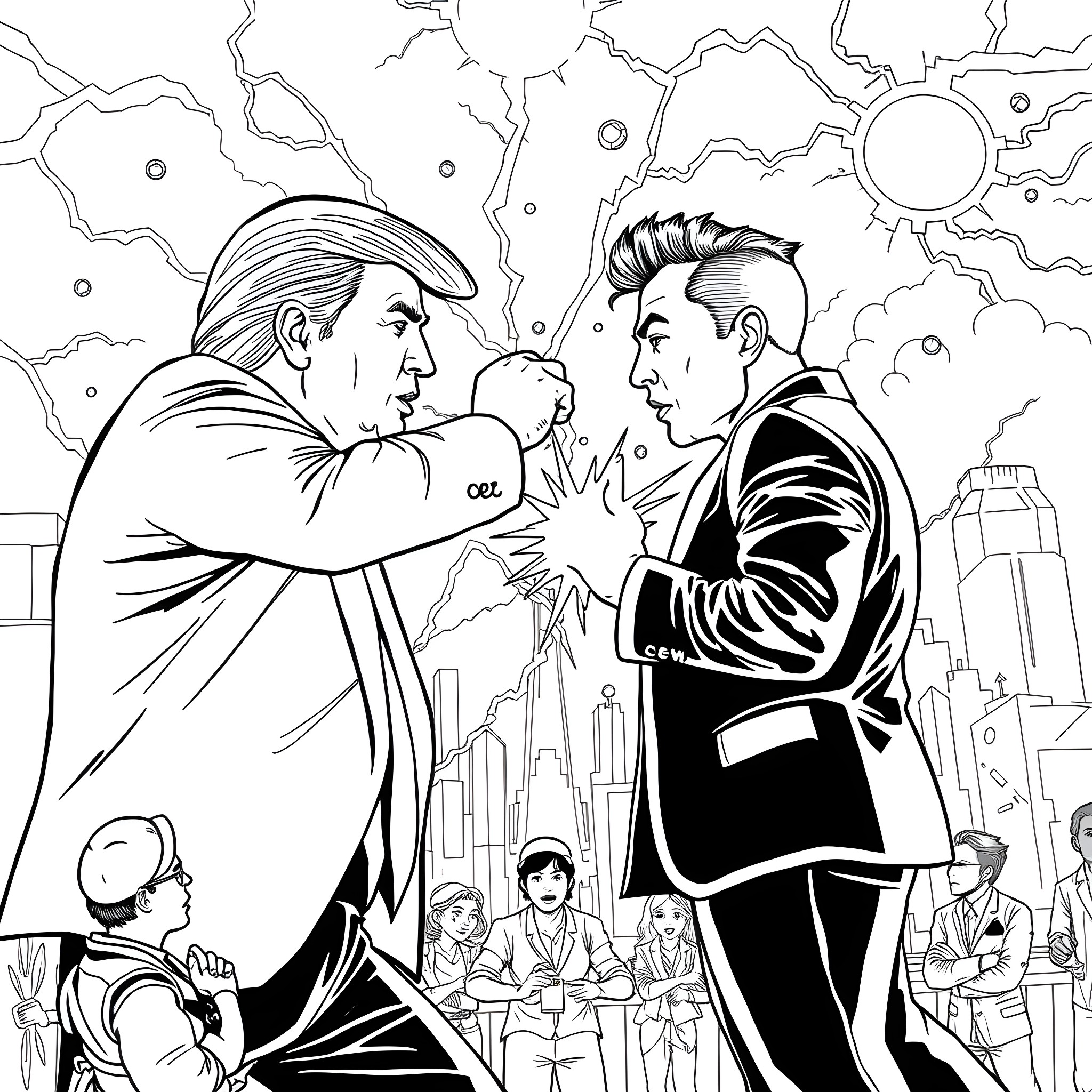 Trump and a rival politician engage in heated debate Coloring Page (free black-and-white line drawing printable PDF for all, from beginners to advanced learners, including children, teens, adults, and seniors)