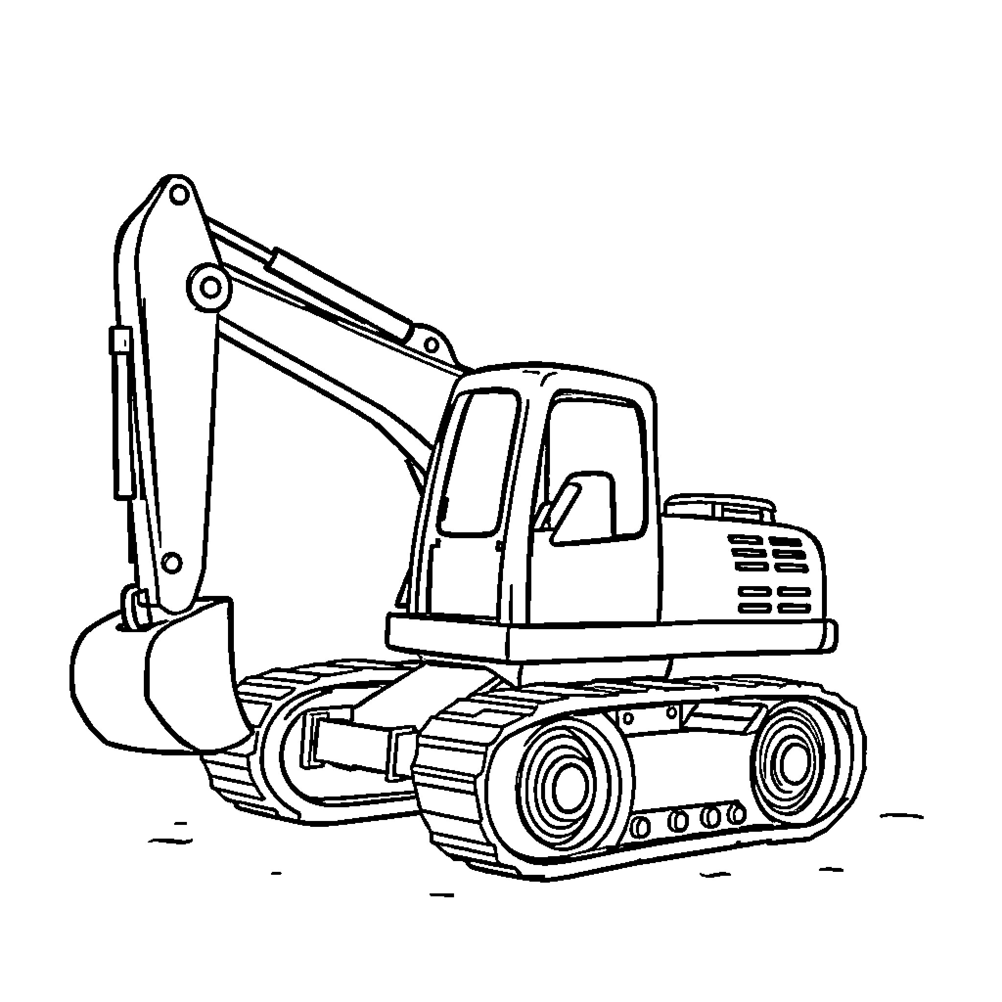Excavator operating heavy machinery on construction site Coloring Page (free black-and-white line drawing printable PDF for all, from beginners to advanced learners, including children, teens, adults, and seniors)