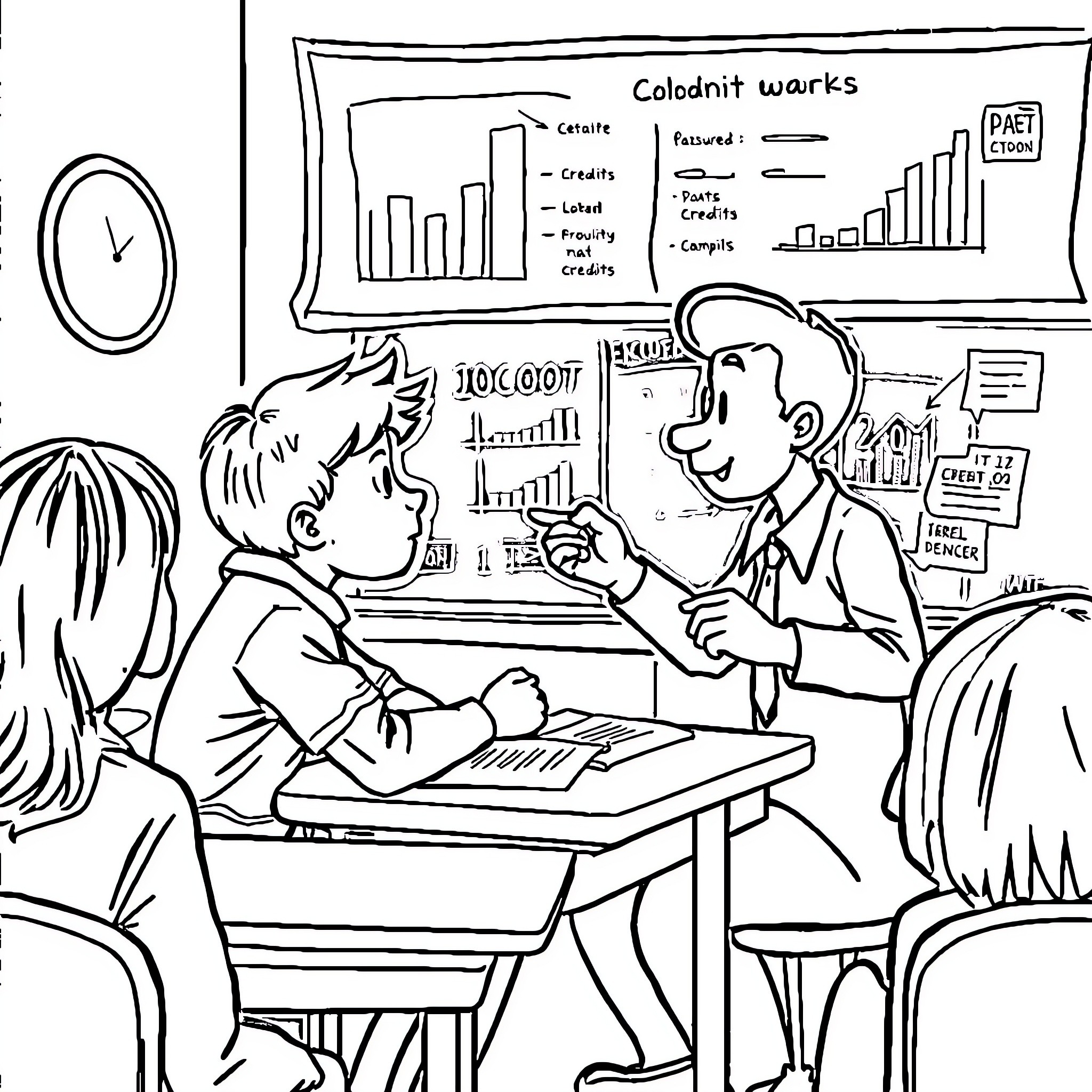 Teenager presents statistics to classmates in school Coloring Page (free black-and-white line drawing printable PDF for all, from beginners to advanced learners, including children, teens, adults, and seniors)