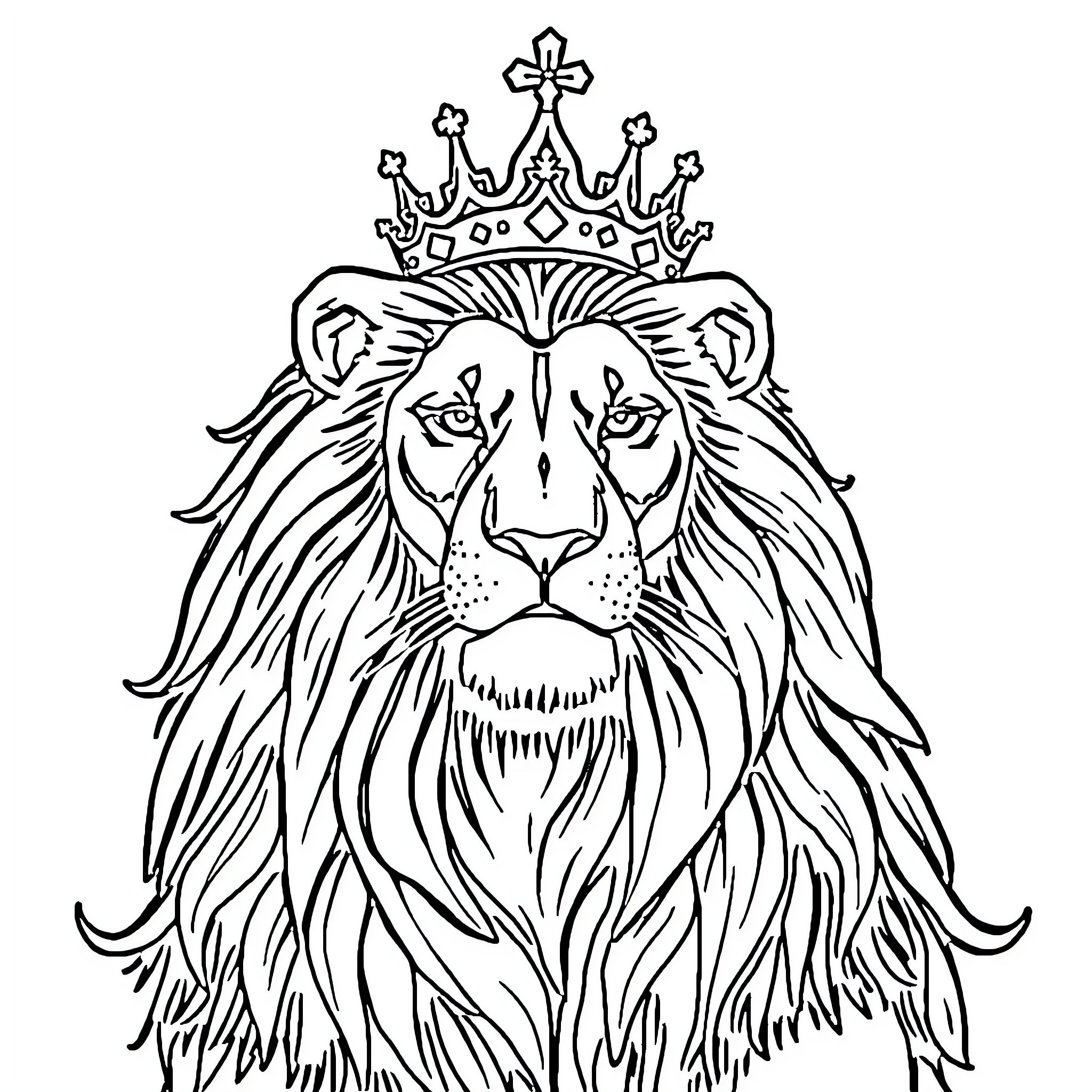 Lion wearing a majestic crown Coloring Page (free black-and-white line drawing printable PDF for all, from beginners to advanced learners, including children, teens, adults, and seniors)