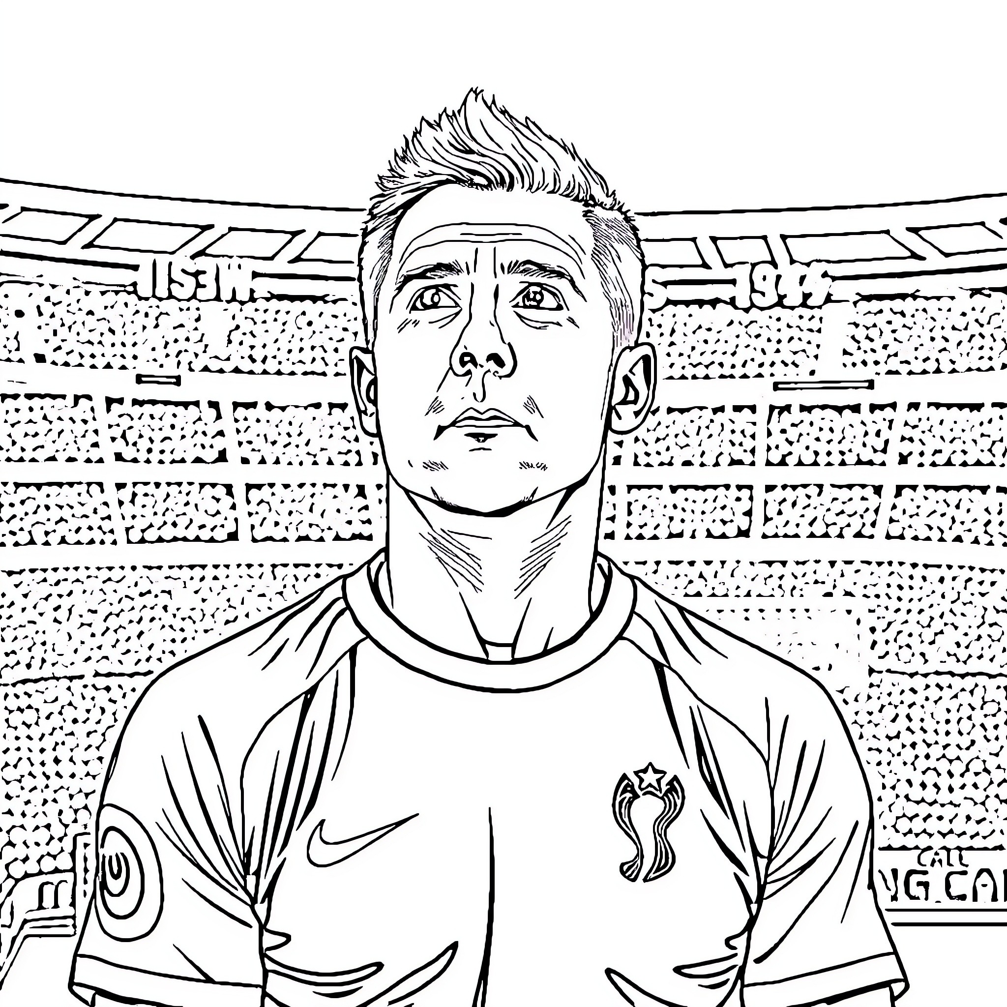 Jurgen Klipp: Soccer Player on the Field Coloring Page (free black-and-white line drawing printable PDF for all, from beginners to advanced learners, including children, teens, adults, and seniors)