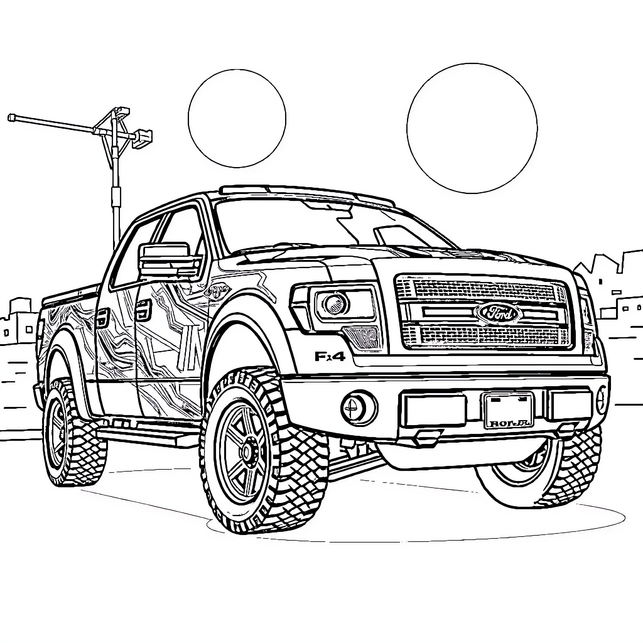 Ford off-road truck with big tires and accessories Coloring Page (free black-and-white line drawing printable PDF for all, from beginners to advanced learners, including children, teens, adults, and seniors)