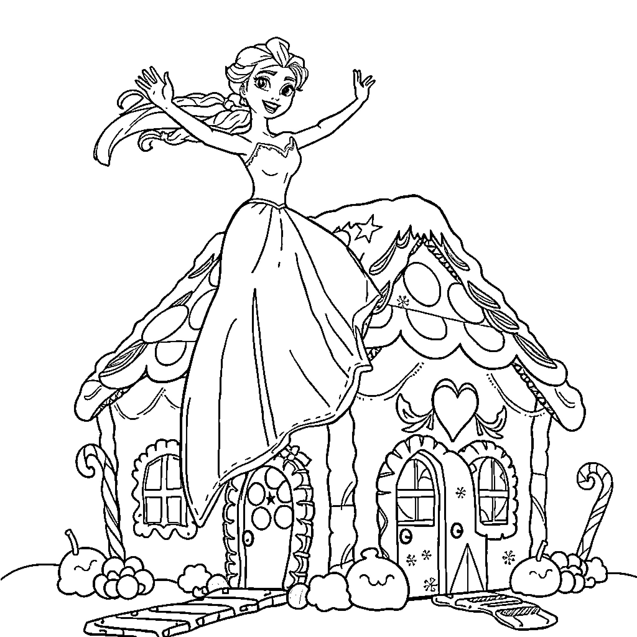 Elsa dancing joyfully in a fantasy world Coloring Page (free black-and-white line drawing printable PDF for all, from beginners to advanced learners, including children, teens, adults, and seniors)