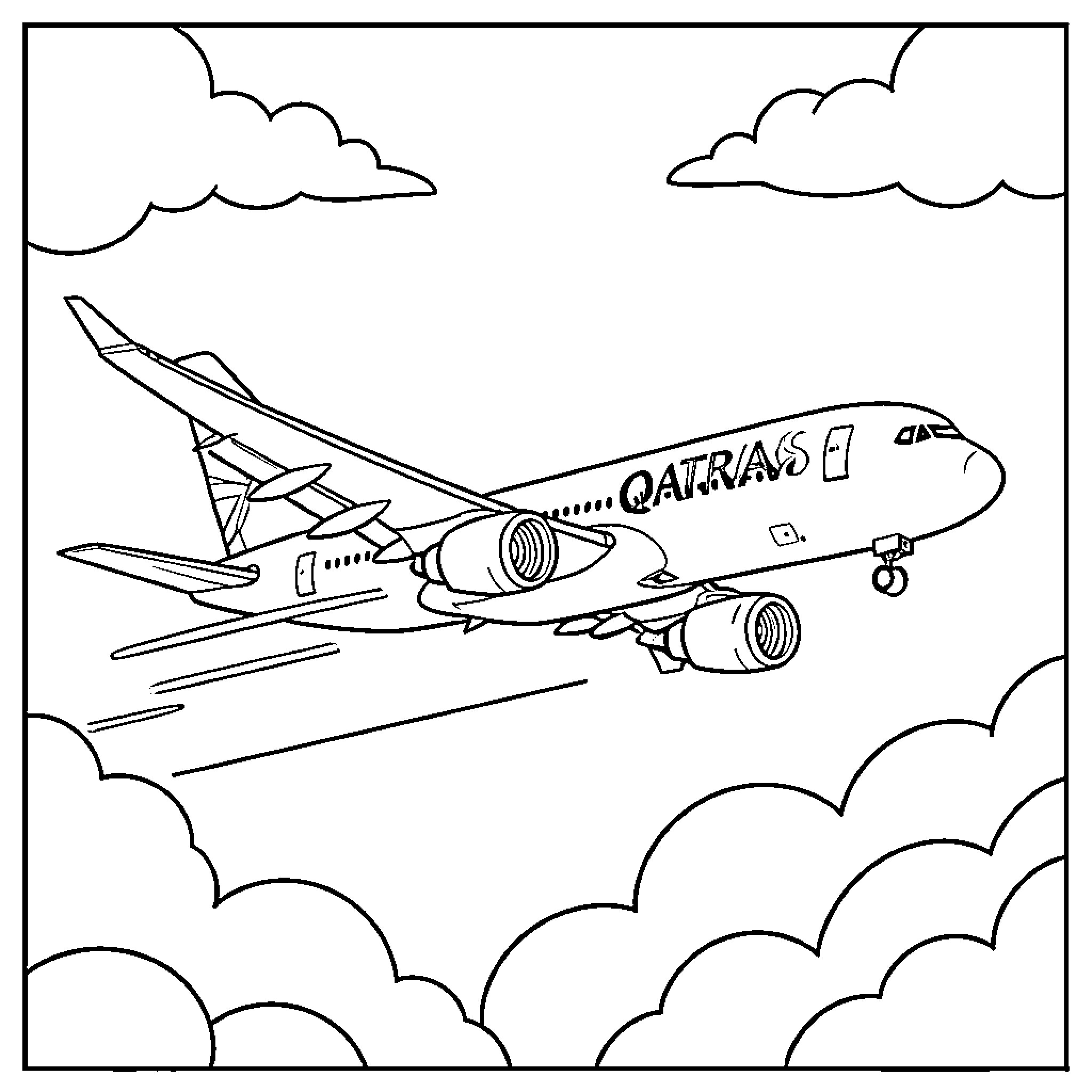 Plane soaring through the skies Coloring Page (free black-and-white line drawing printable PDF for all, from beginners to advanced learners, including children, teens, adults, and seniors)