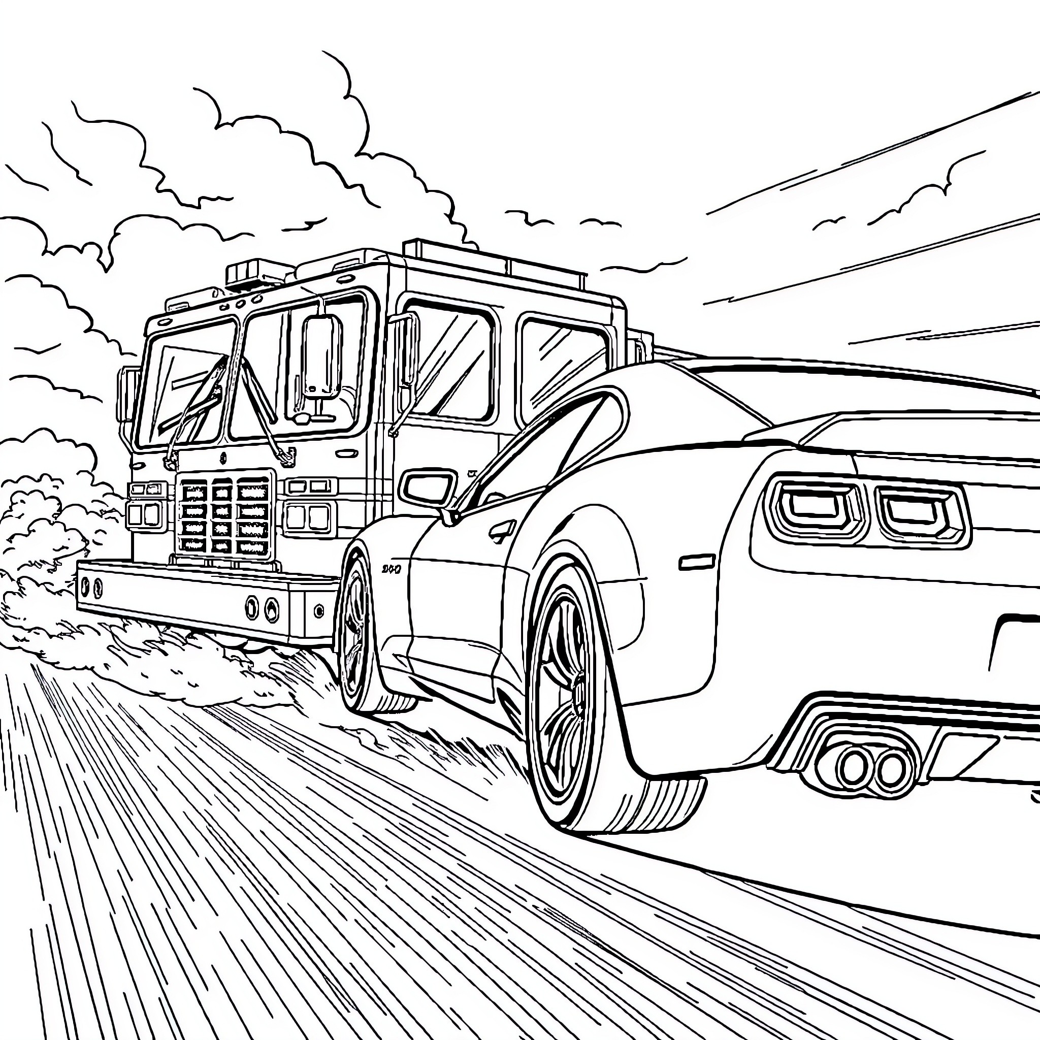 Camaro racing against a military vehicle on the road Coloring Page (free black-and-white line drawing printable PDF for all, from beginners to advanced learners, including children, teens, adults, and seniors)