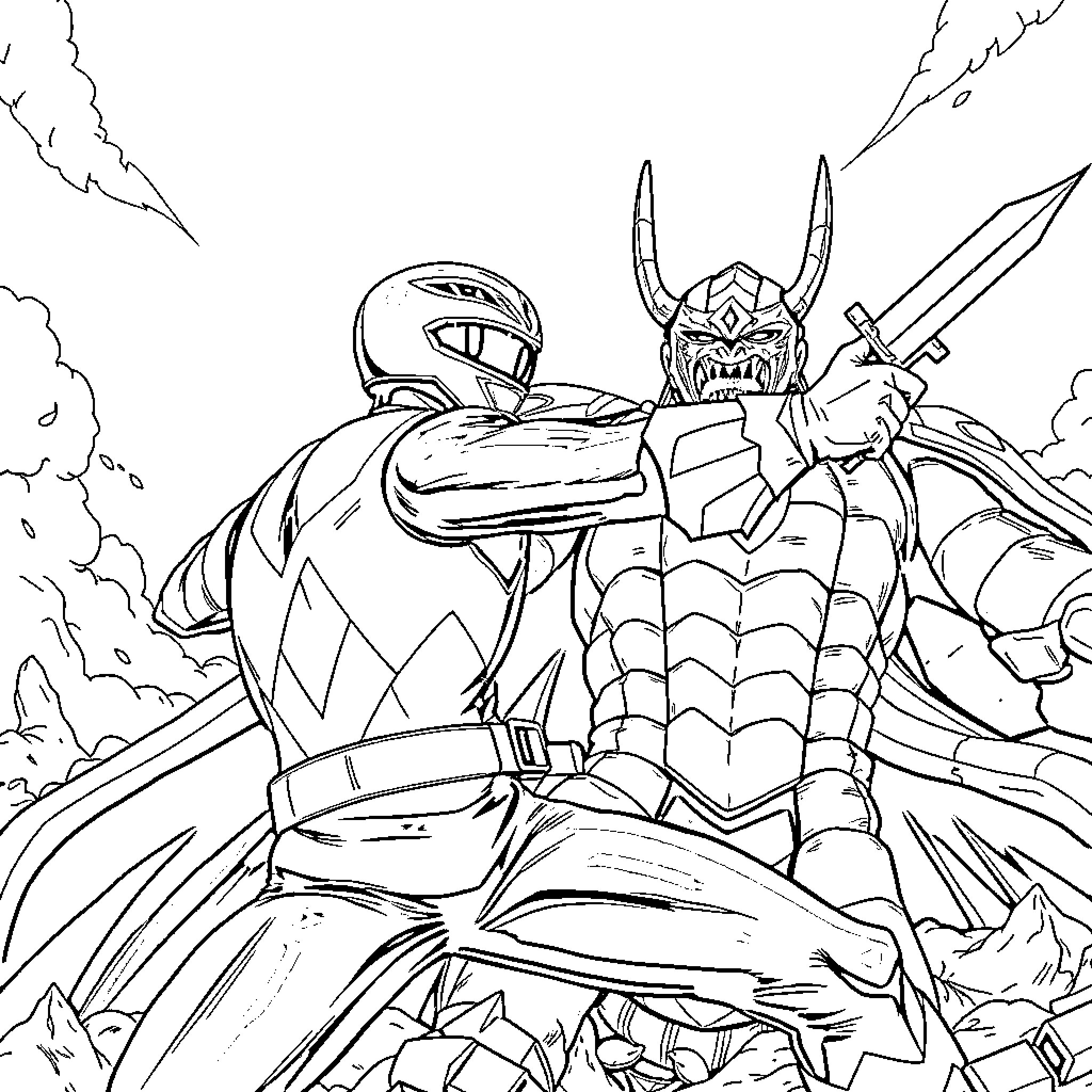 Power Ranger Warrior Battling Fierce Adversary Coloring Page (free black-and-white line drawing printable PDF for all, from beginners to advanced learners, including children, teens, adults, and seniors)