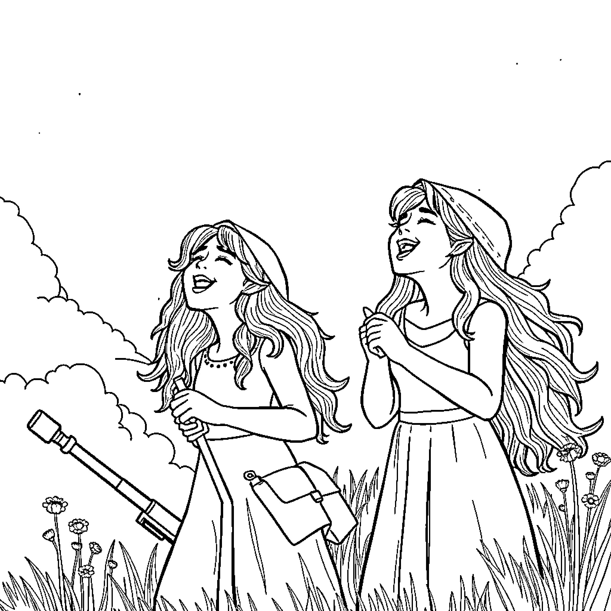 Huntrix Sisters Exploring the Enchanted Outdoors Coloring Page (free black-and-white line drawing printable PDF for all, from beginners to advanced learners, including children, teens, adults, and seniors)