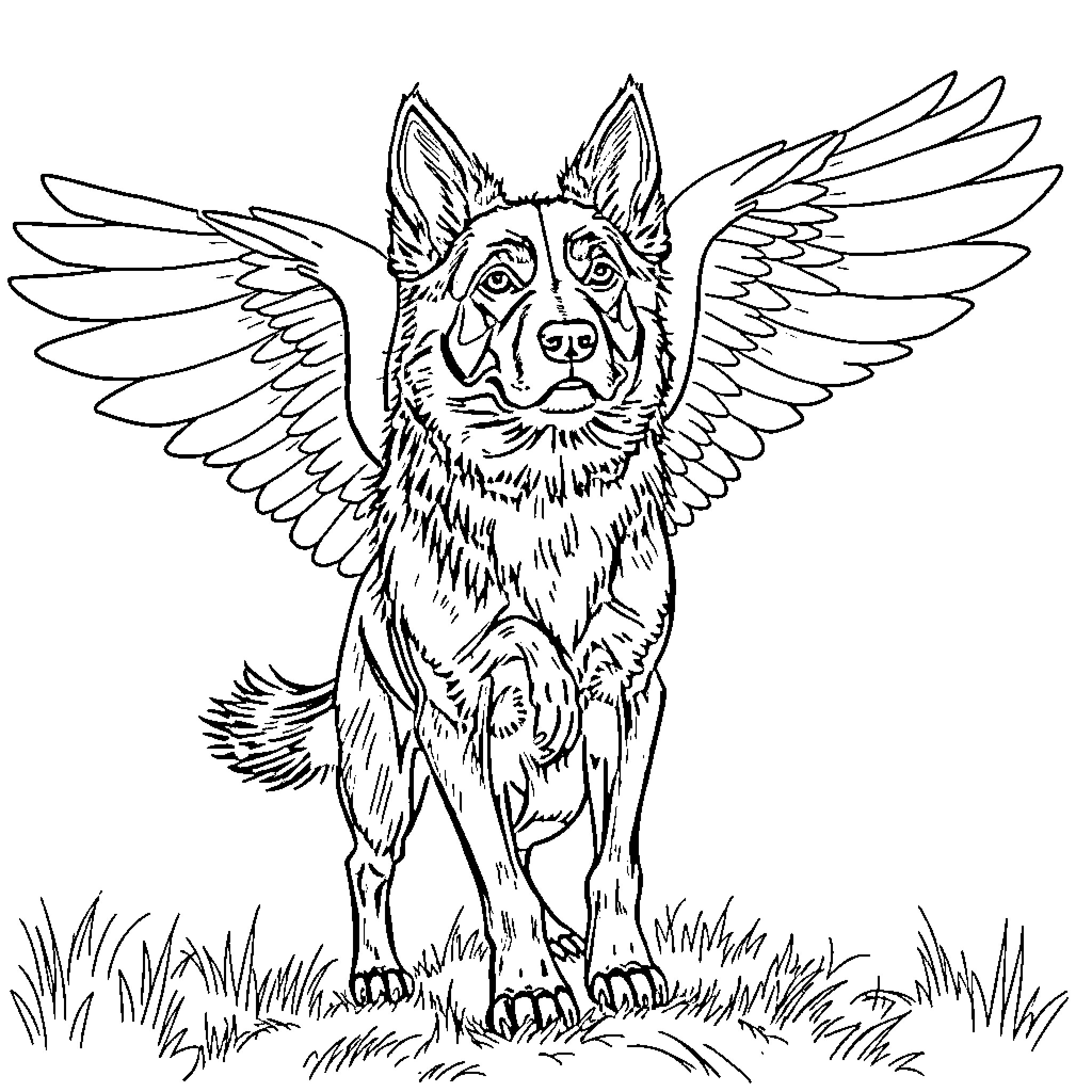 Dog with angelic wings in field Coloring Page (free black-and-white line drawing printable PDF for all, from beginners to advanced learners, including children, teens, adults, and seniors)