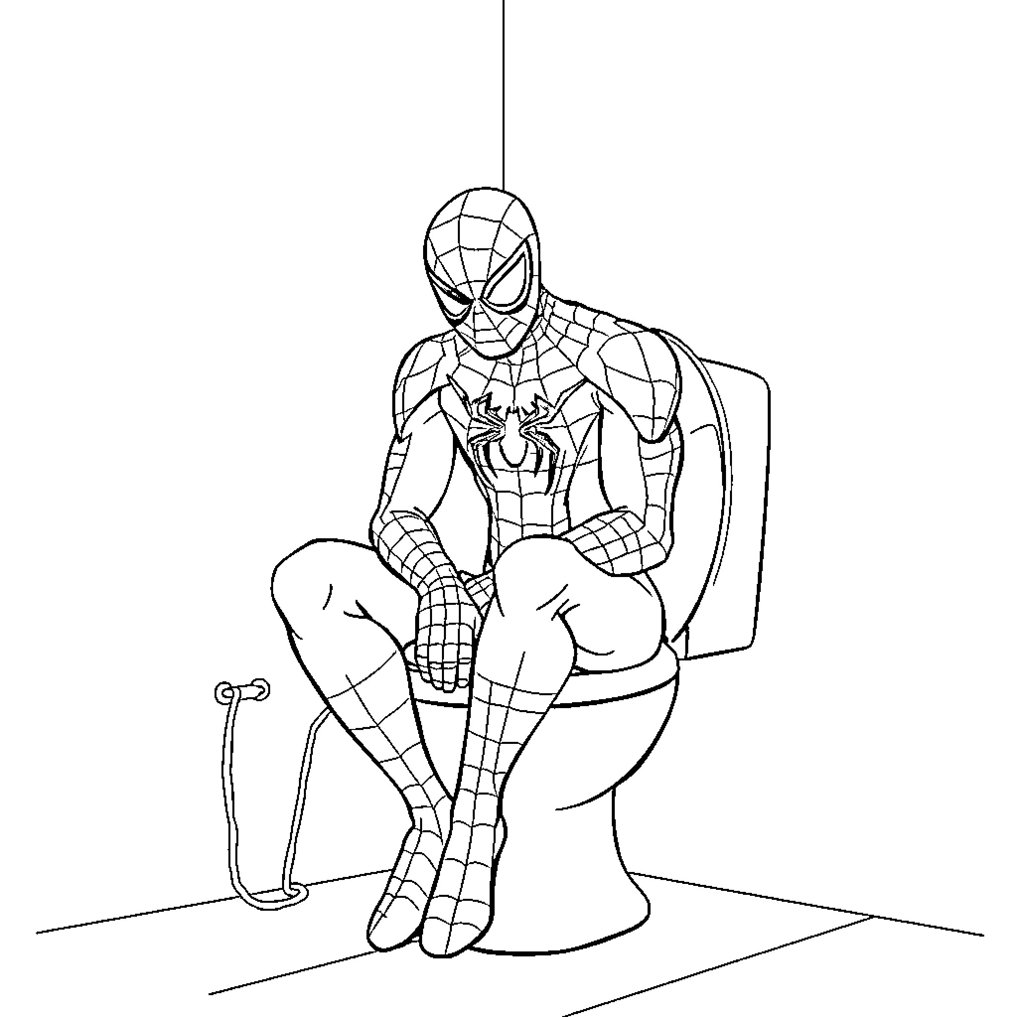 Spiderman sitting on toilet in full costume Coloring Page (free black-and-white line drawing printable PDF for all, from beginners to advanced learners, including children, teens, adults, and seniors)