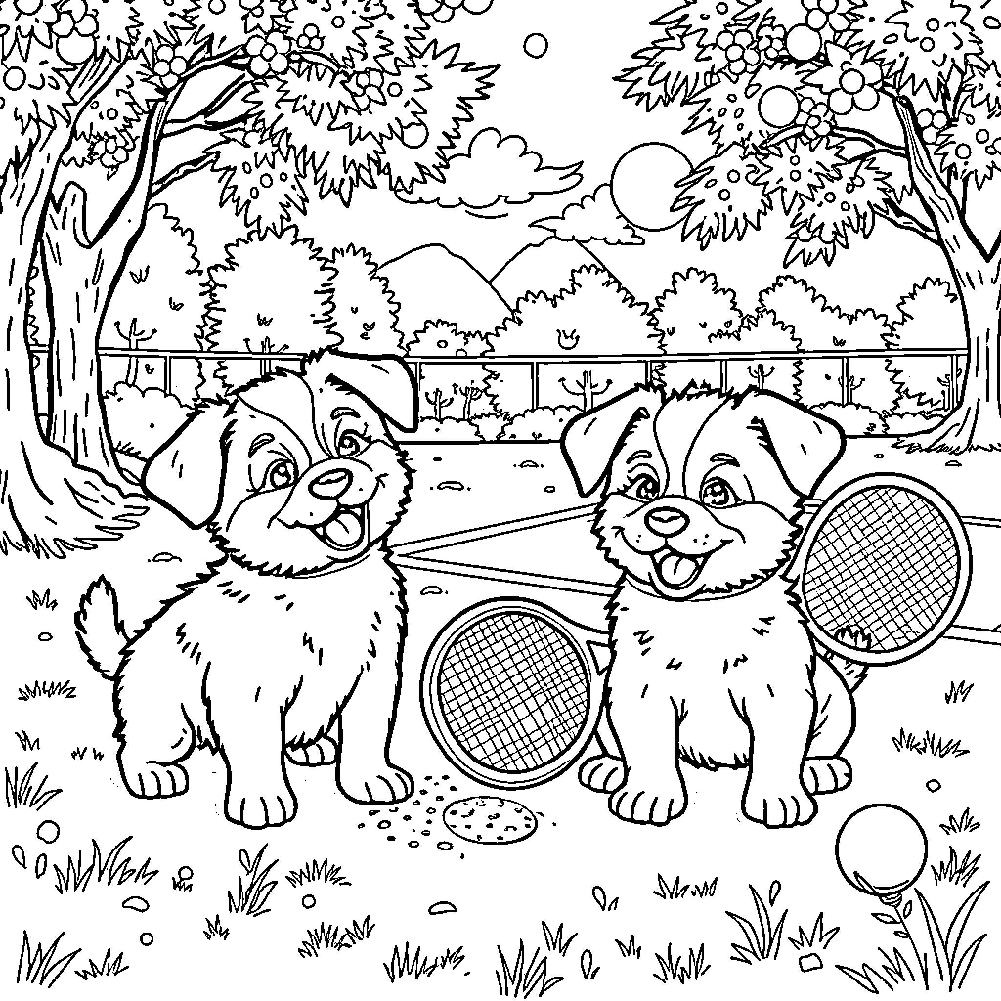 Paw Patrol Puppies Enjoying Tennis Fun Outdoors Coloring Page (free black-and-white line drawing printable PDF for all, from beginners to advanced learners, including children, teens, adults, and seniors)