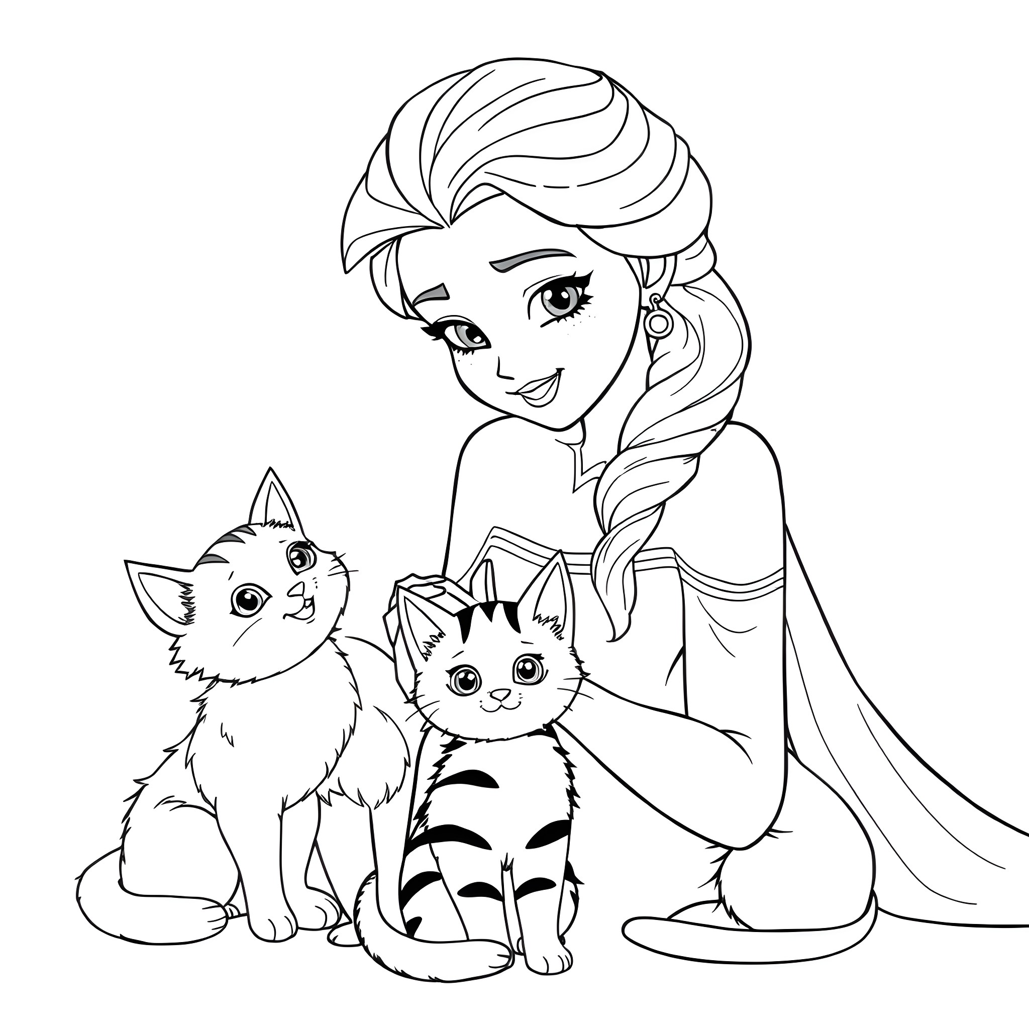 Princess Elsa posing with two cute kittens Coloring Page (free black-and-white line drawing printable PDF for all, from beginners to advanced learners, including children, teens, adults, and seniors)