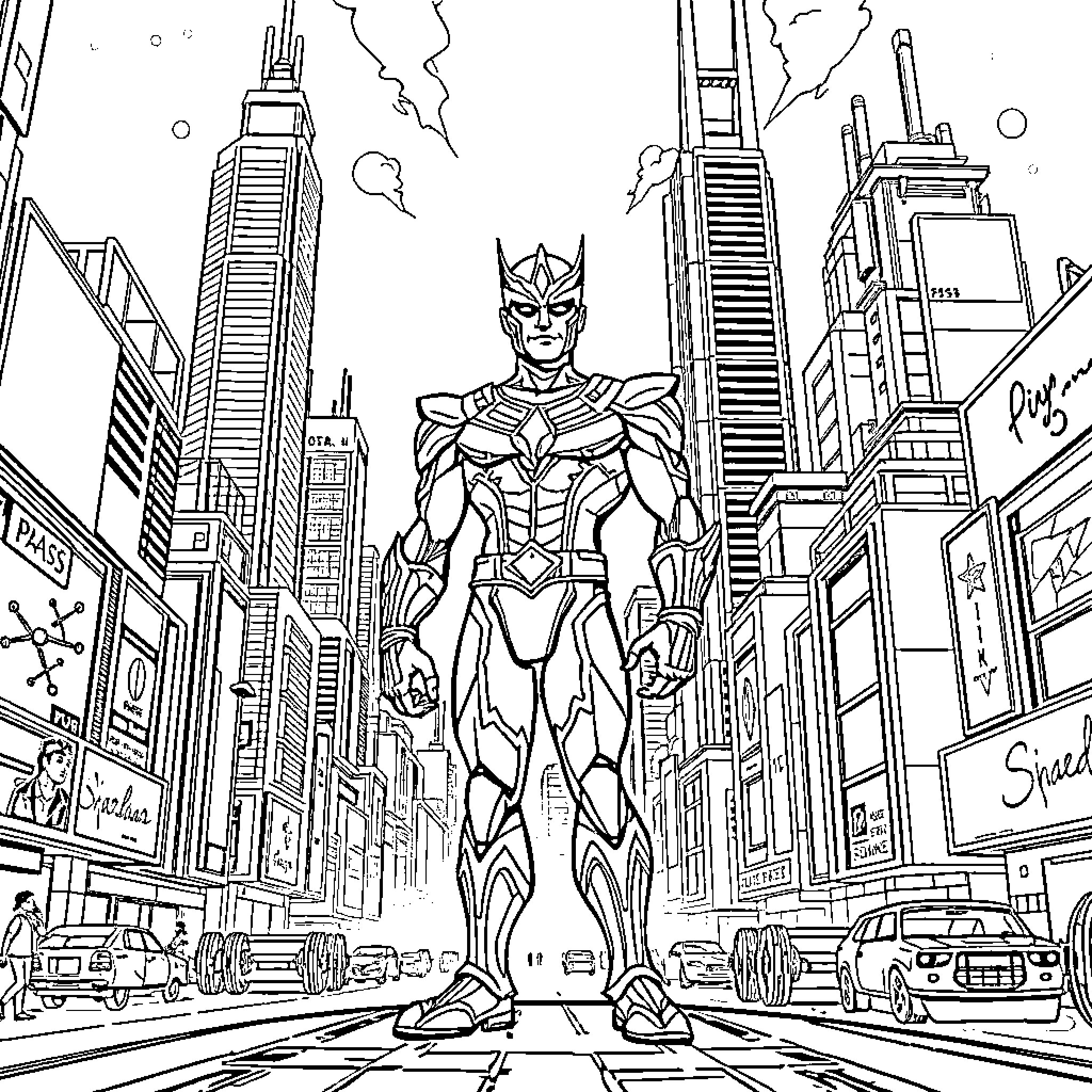 Shaktimaan stands tall in the city Coloring Page (free black-and-white line drawing printable PDF for all, from beginners to advanced learners, including children, teens, adults, and seniors)