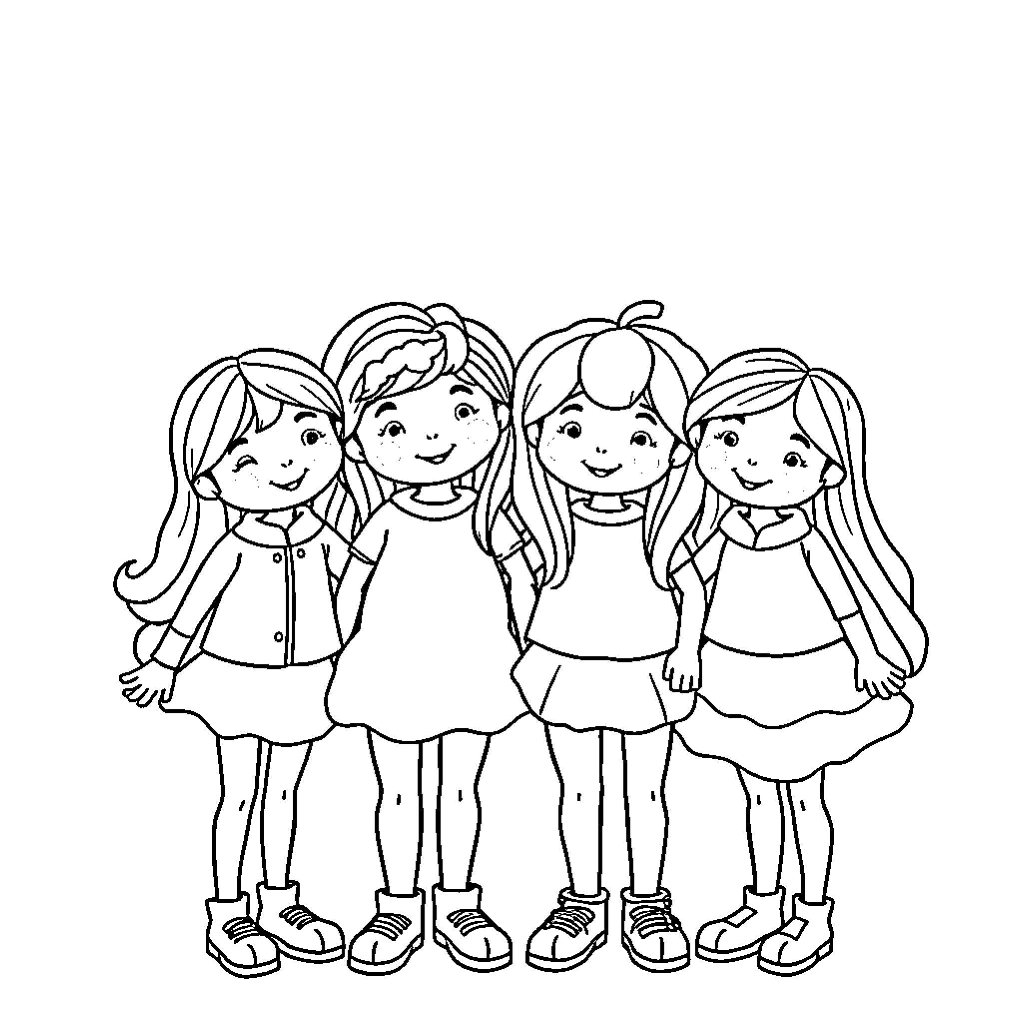 Rainbow Friend happy friends enjoying together Coloring Page (free black-and-white line drawing printable PDF for all, from beginners to advanced learners, including children, teens, adults, and seniors)