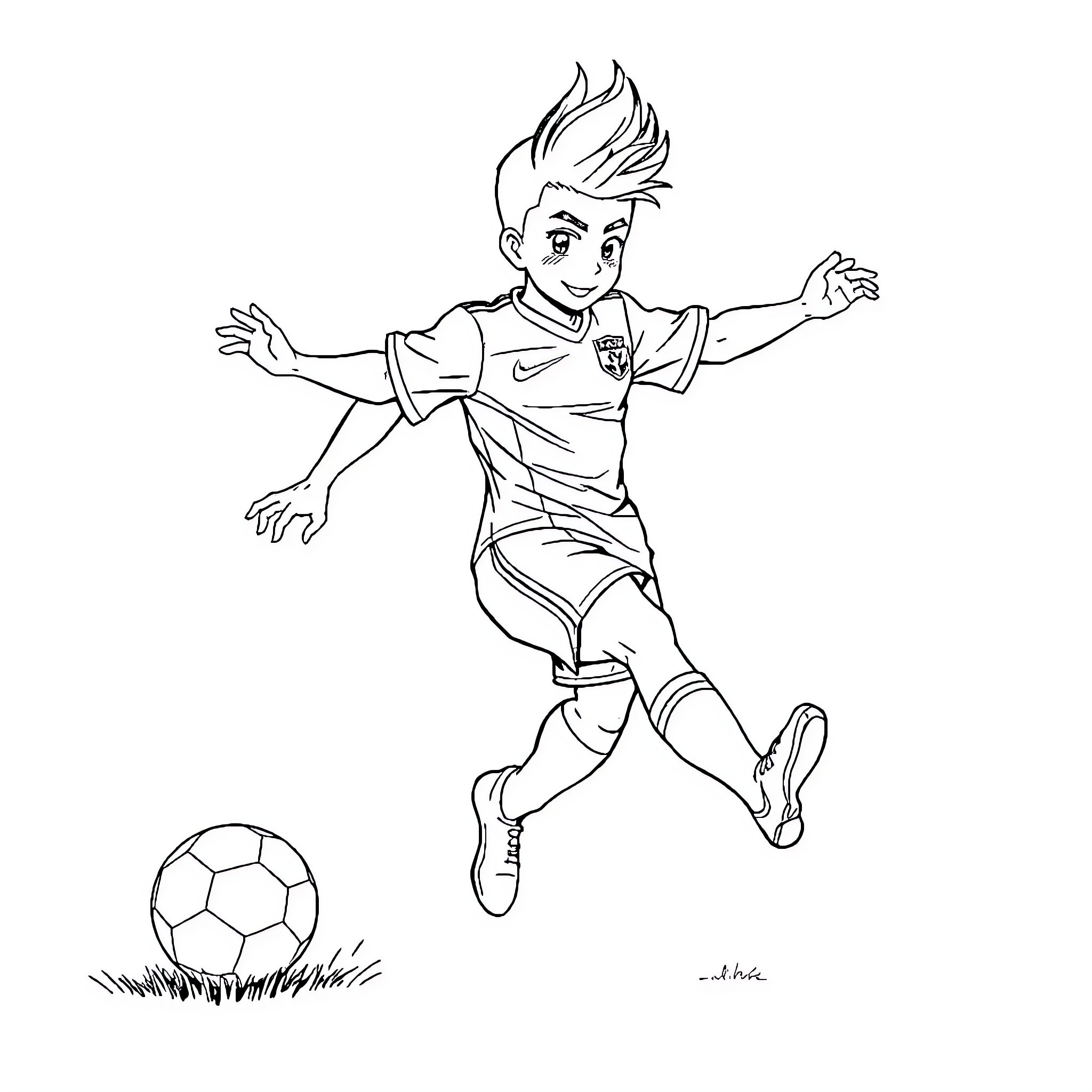 Football Player Dribbling with Joy on the Field Coloring Page (free black-and-white line drawing printable PDF for all, from beginners to advanced learners, including children, teens, adults, and seniors)