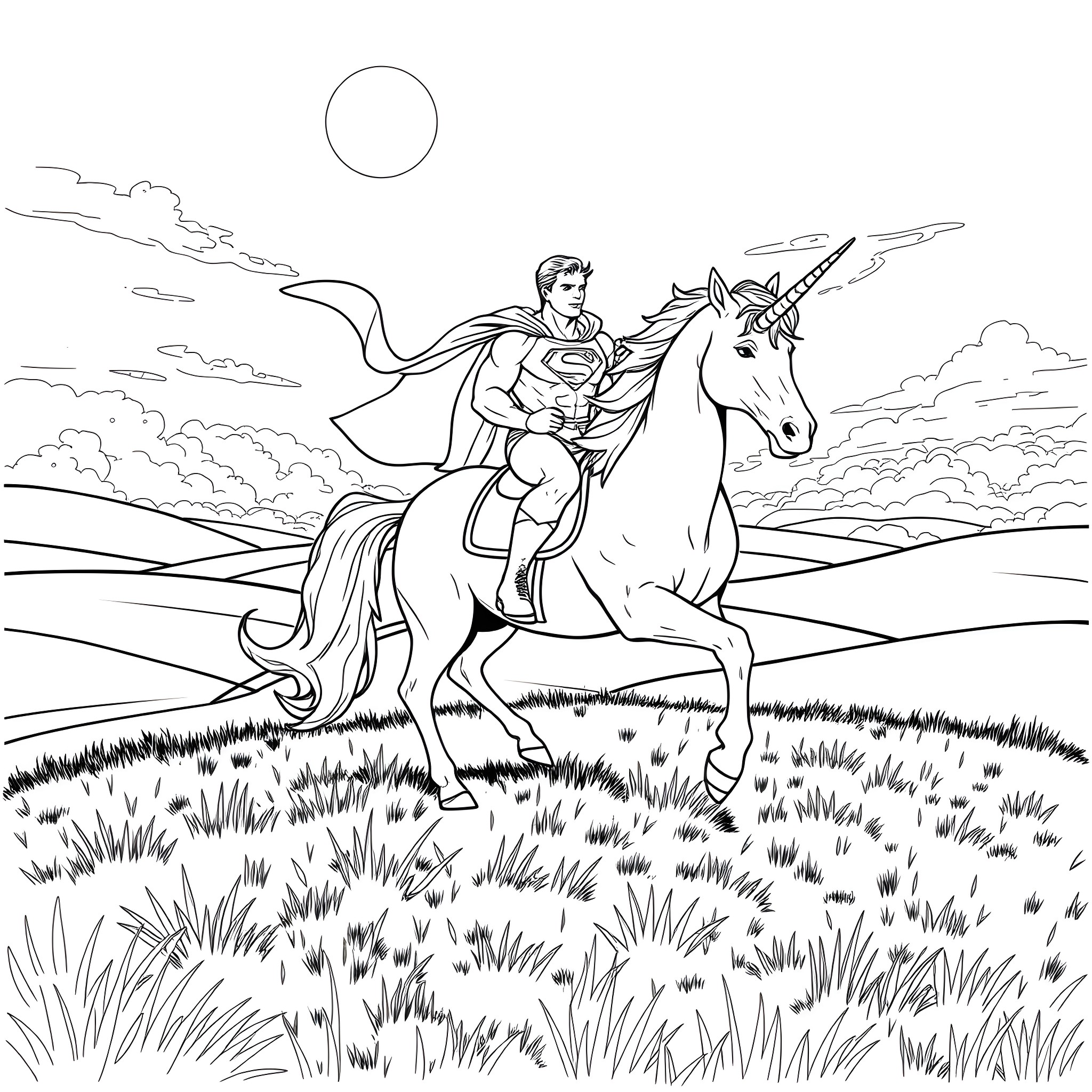 Superman riding a unicorn through a magical landscape Coloring Page (free black-and-white line drawing printable PDF for all, from beginners to advanced learners, including children, teens, adults, and seniors)