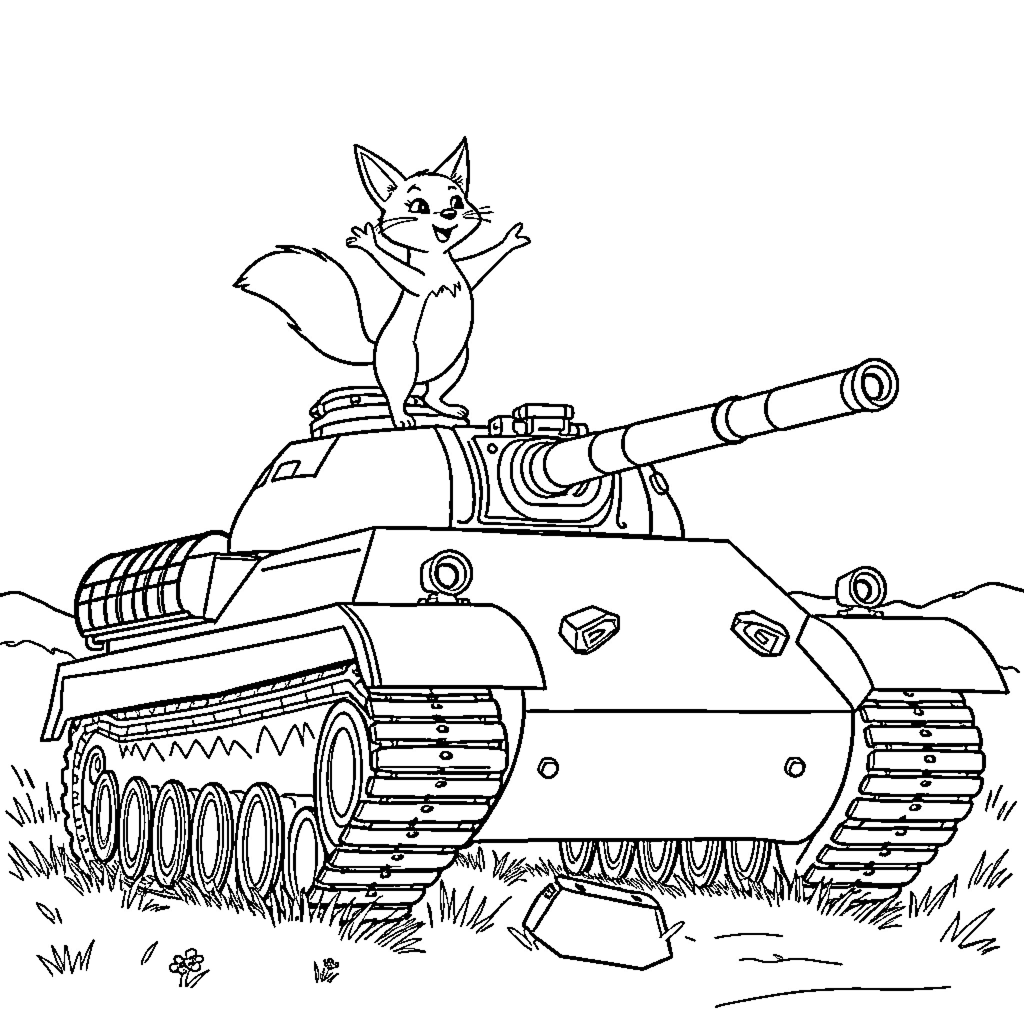 Fox enthusiastically riding a military tank Coloring Page (free black-and-white line drawing printable PDF for all, from beginners to advanced learners, including children, teens, adults, and seniors)