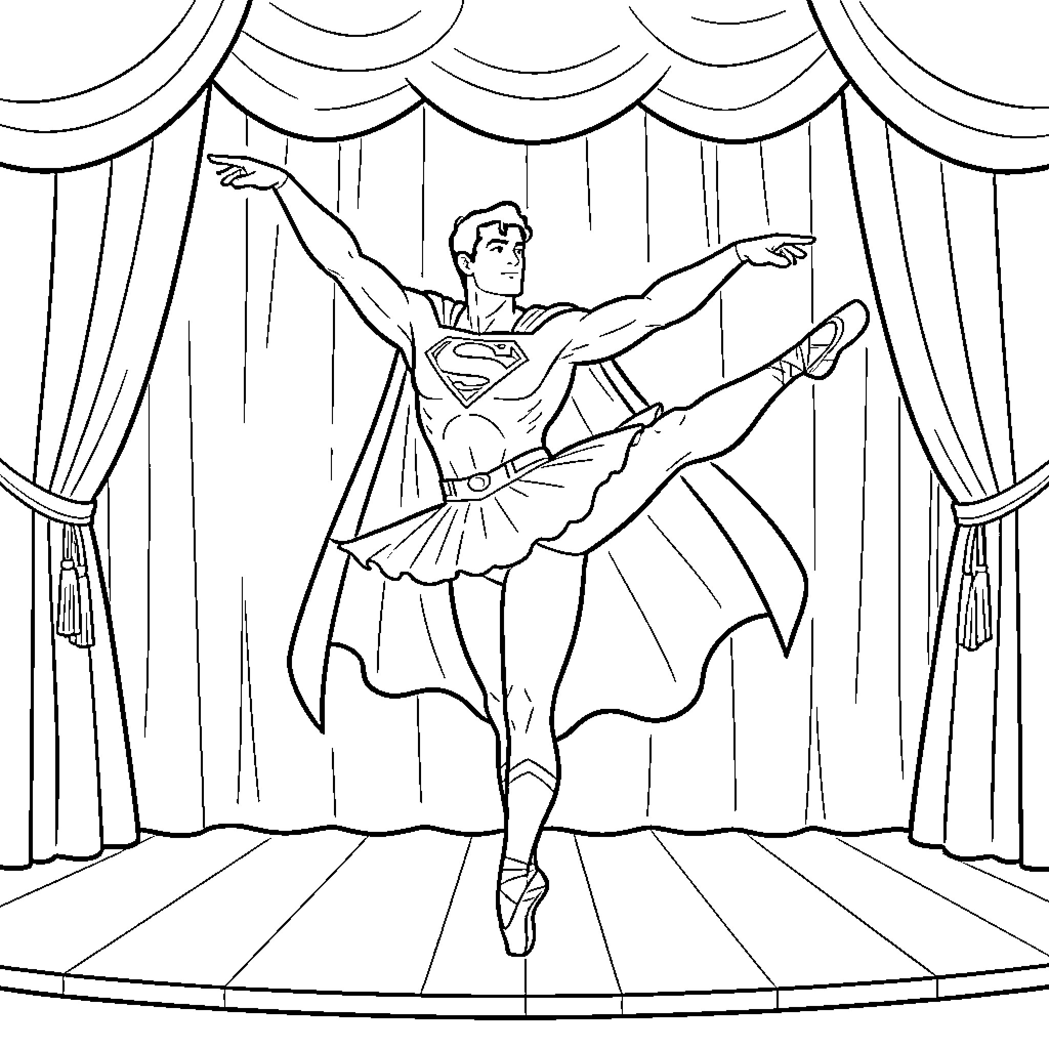 Superman performing a ballet dance on a stage Coloring Page (free black-and-white line drawing printable PDF for all, from beginners to advanced learners, including children, teens, adults, and seniors)