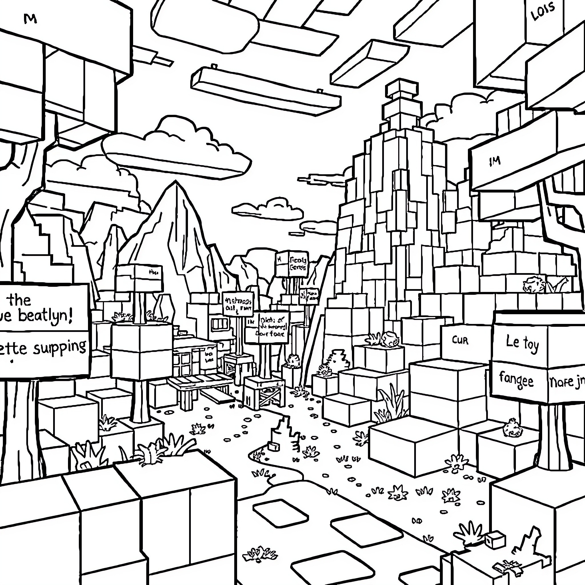 Minecraft Cityscape with Diverse Architectural Elements Coloring Page (free black-and-white line drawing printable PDF for all, from beginners to advanced learners, including children, teens, adults, and seniors)
