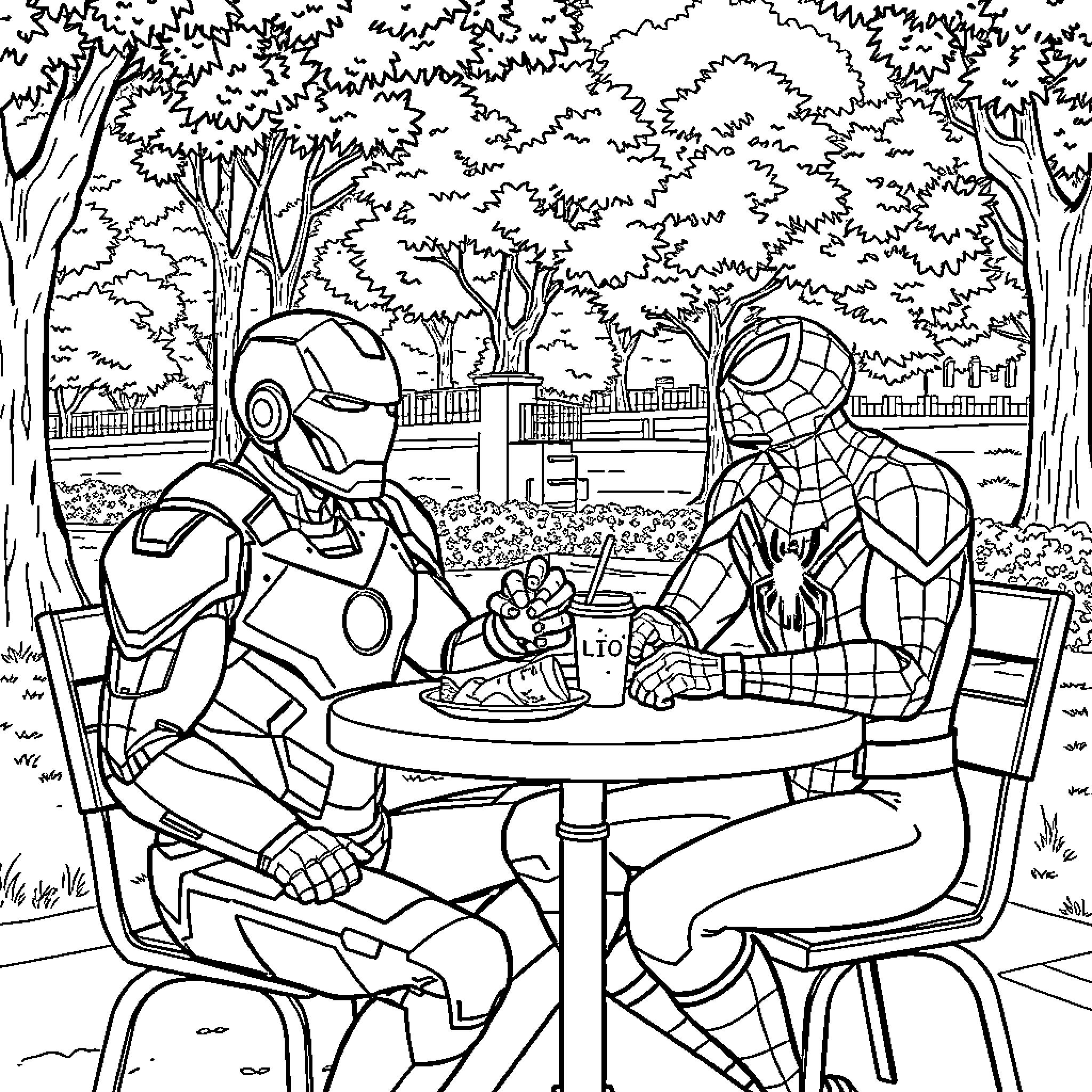 Iron Man and Spider-Man Enjoying a Picnic in the Park Coloring Page (free black-and-white line drawing printable PDF for all, from beginners to advanced learners, including children, teens, adults, and seniors)