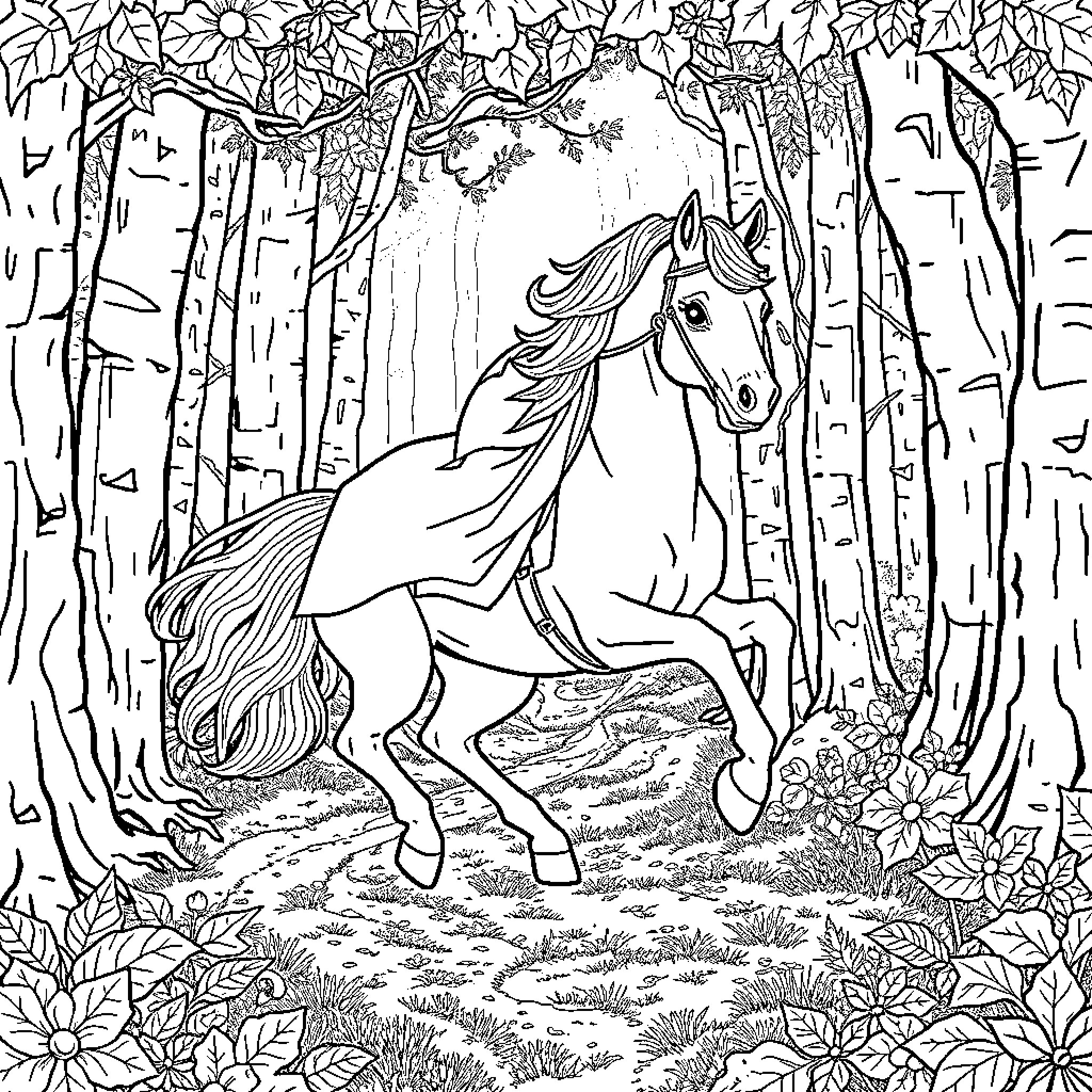 Unicorn galloping through enchanted forest Coloring Page (free black-and-white line drawing printable PDF for all, from beginners to advanced learners, including children, teens, adults, and seniors)