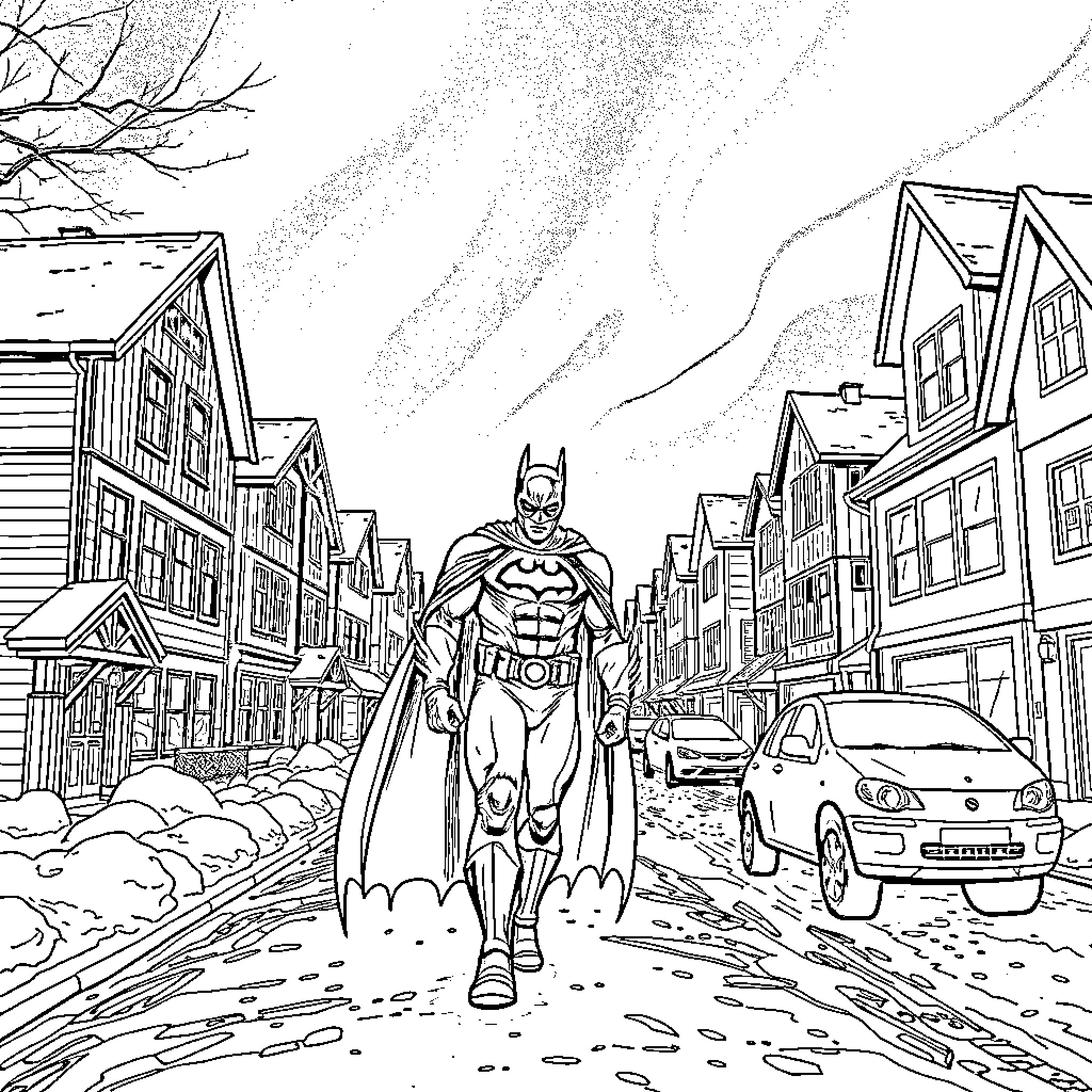 Batman surveying a snowy cityscape Coloring Page (free black-and-white line drawing printable PDF for all, from beginners to advanced learners, including children, teens, adults, and seniors)