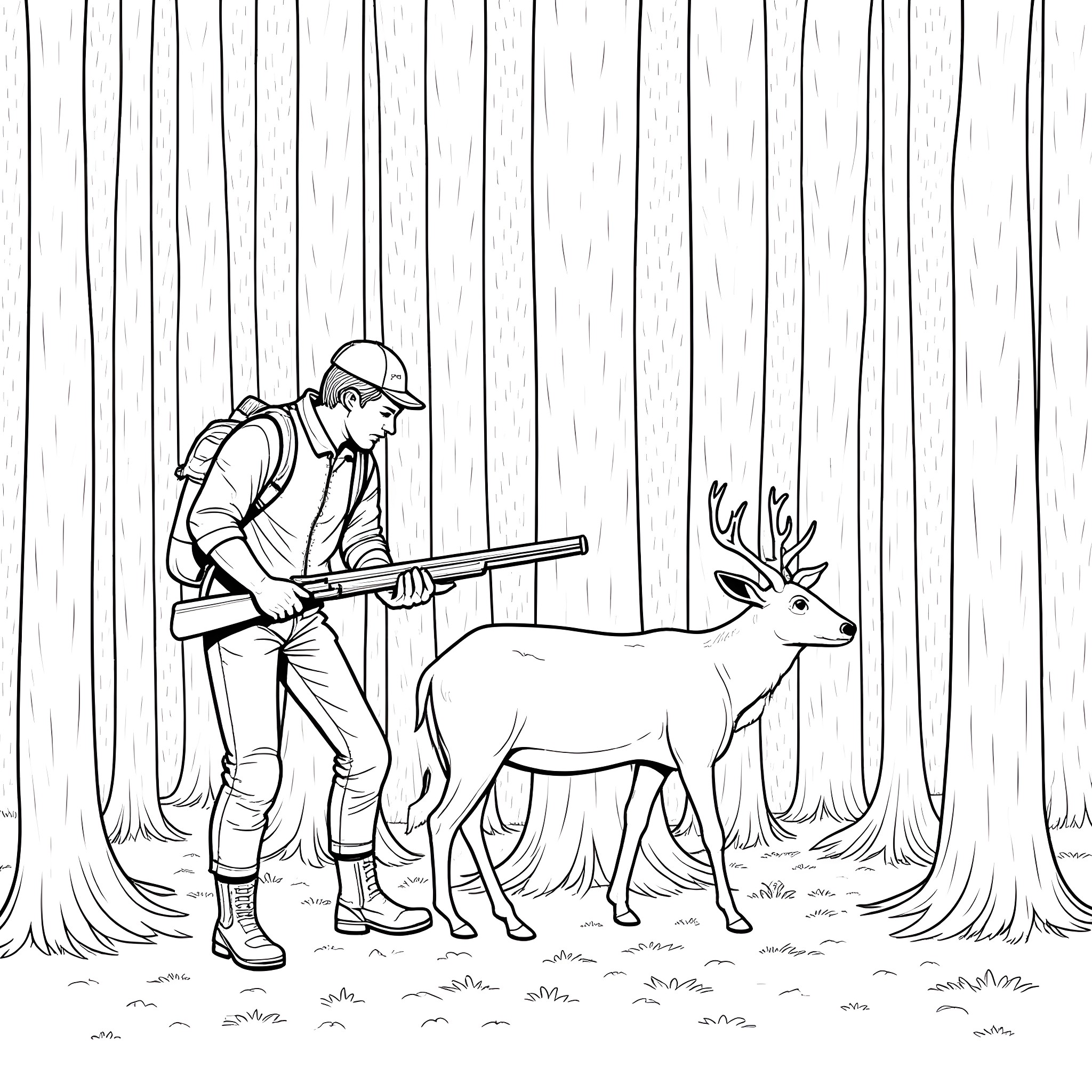 Hunter Tracking Deer in Forested Wilderness Coloring Page (free black-and-white line drawing printable PDF for all, from beginners to advanced learners, including children, teens, adults, and seniors)