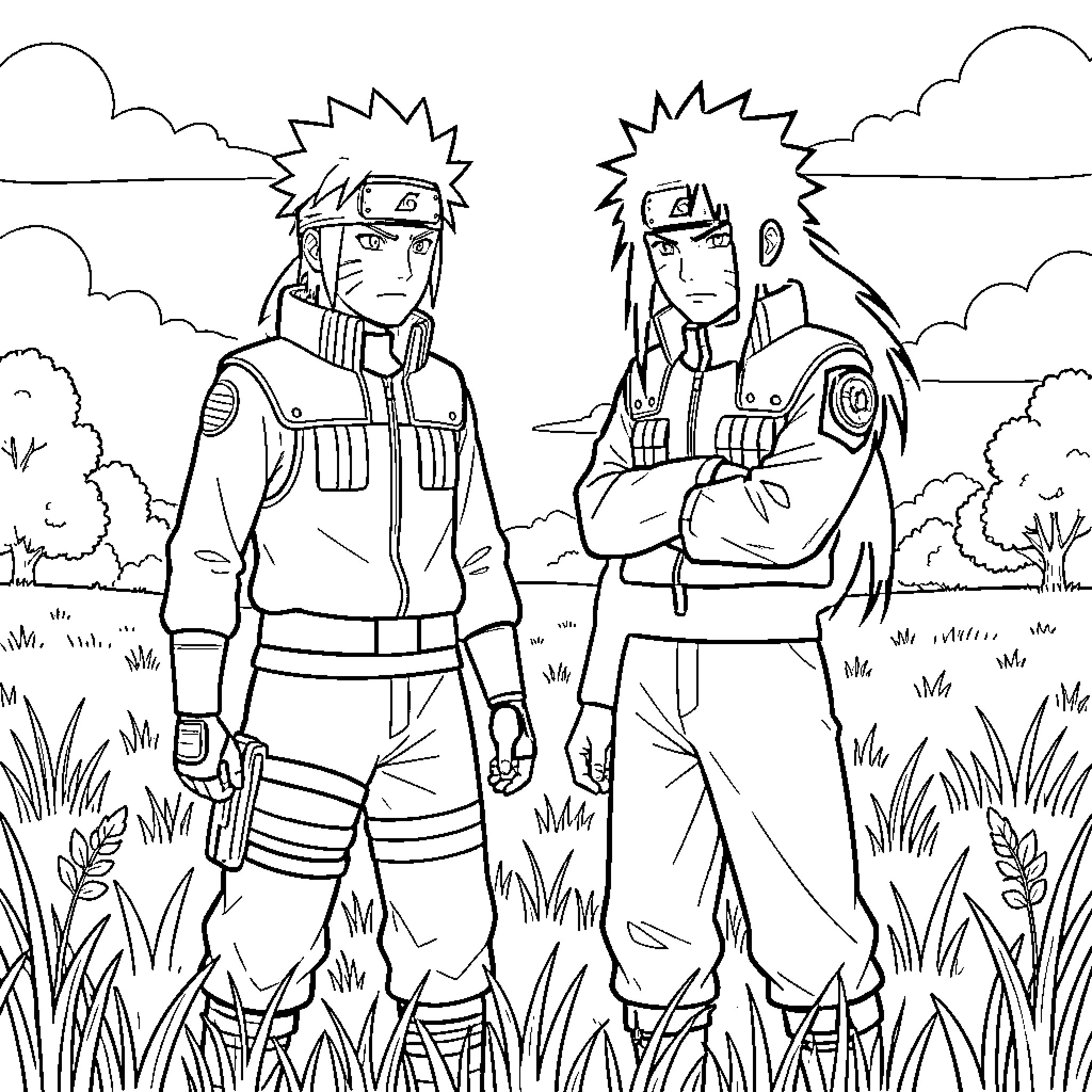 Naruto and Minato standing confidently in a field Coloring Page (free black-and-white line drawing printable PDF for all, from beginners to advanced learners, including children, teens, adults, and seniors)