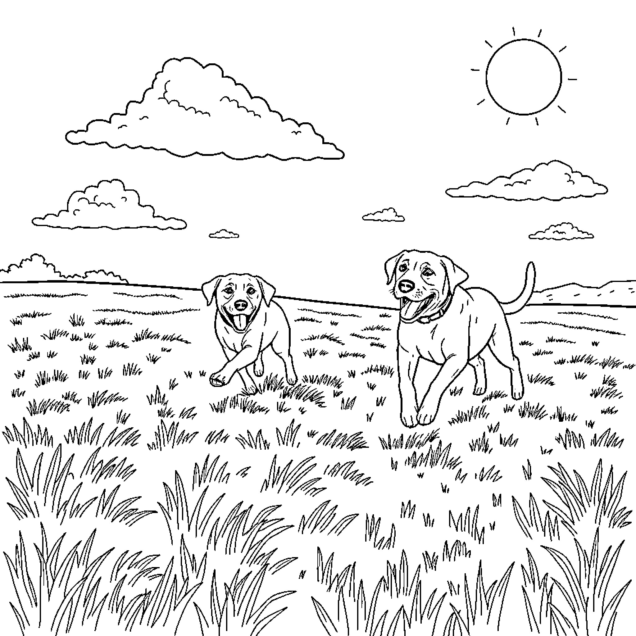 Labrador dogs playing happily in the field Coloring Page (free black-and-white line drawing printable PDF for all, from beginners to advanced learners, including children, teens, adults, and seniors)