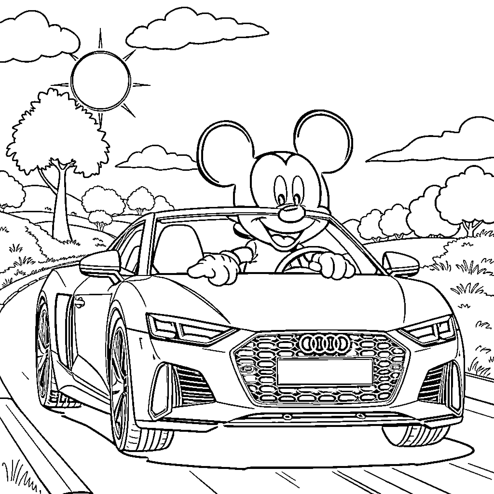 Mickey Mouse driving a fancy sports car in the countryside Coloring Page (free black-and-white line drawing printable PDF for all, from beginners to advanced learners, including children, teens, adults, and seniors)