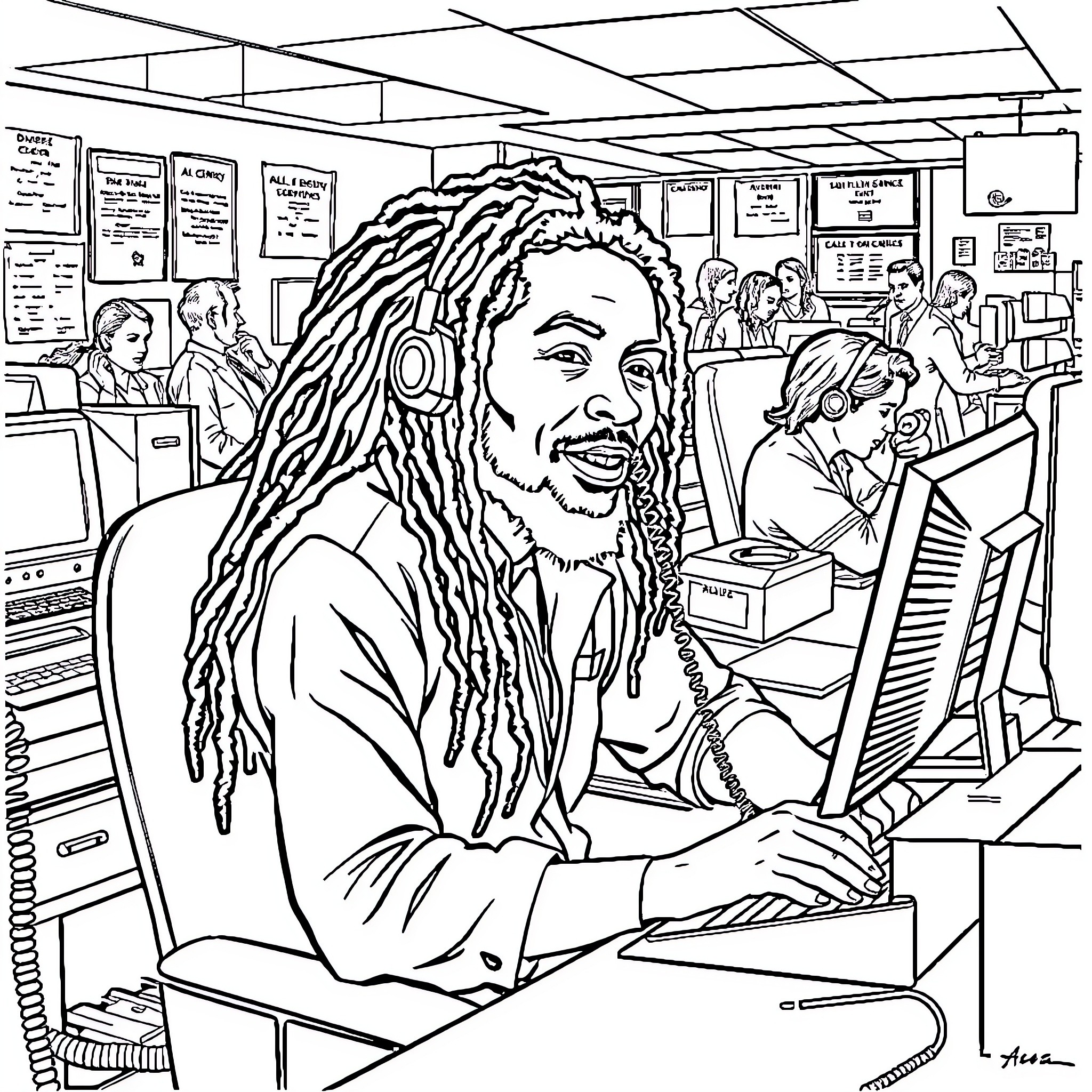 Bob Marley Smiling at His Desk in an Office Setting Coloring Page (free black-and-white line drawing printable PDF for all, from beginners to advanced learners, including children, teens, adults, and seniors)
