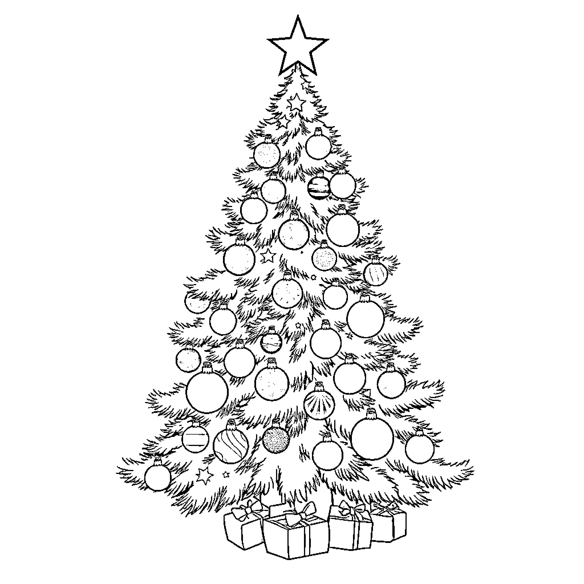 Christmas Tree with Ornaments and Presents Coloring Page (free black-and-white line drawing printable PDF for all, from beginners to advanced learners, including children, teens, adults, and seniors)