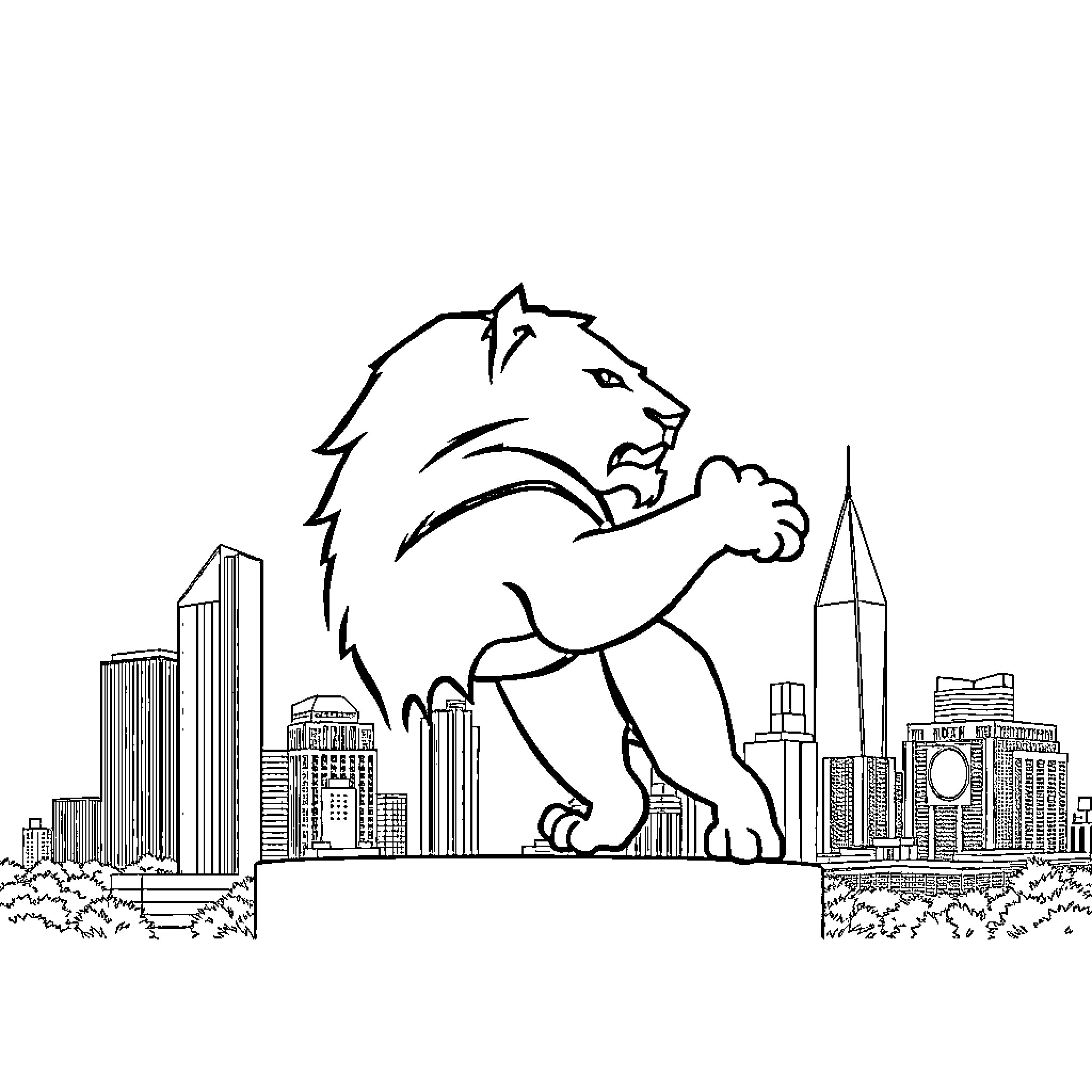 Lion standing atop a city skyline Coloring Page (free black-and-white line drawing printable PDF for all, from beginners to advanced learners, including children, teens, adults, and seniors)